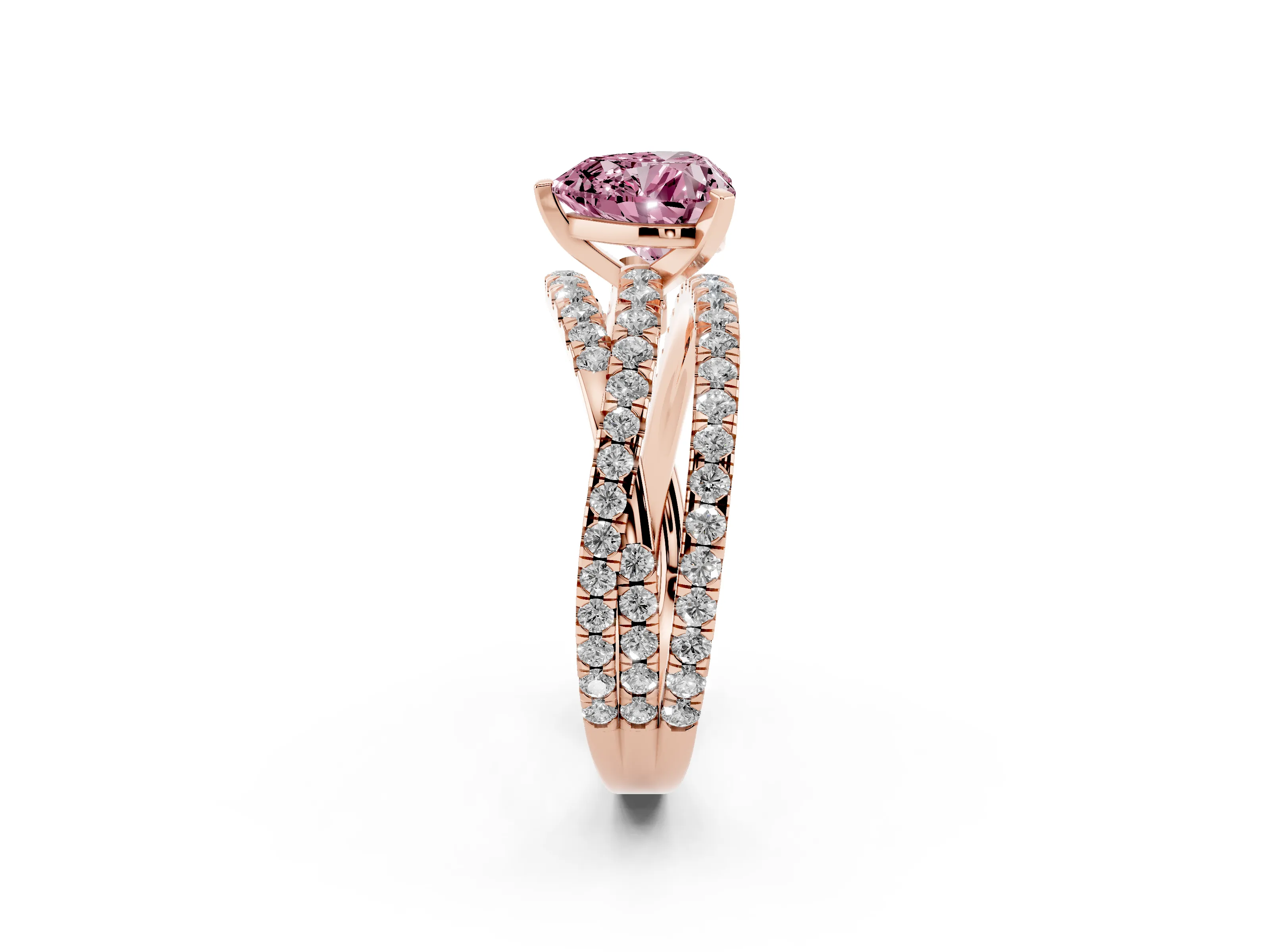 Fancy Pink Heart Cut Diamond Solitaire Twist Band Ring Set in Rose gold with Pavé Setting and Prong Head