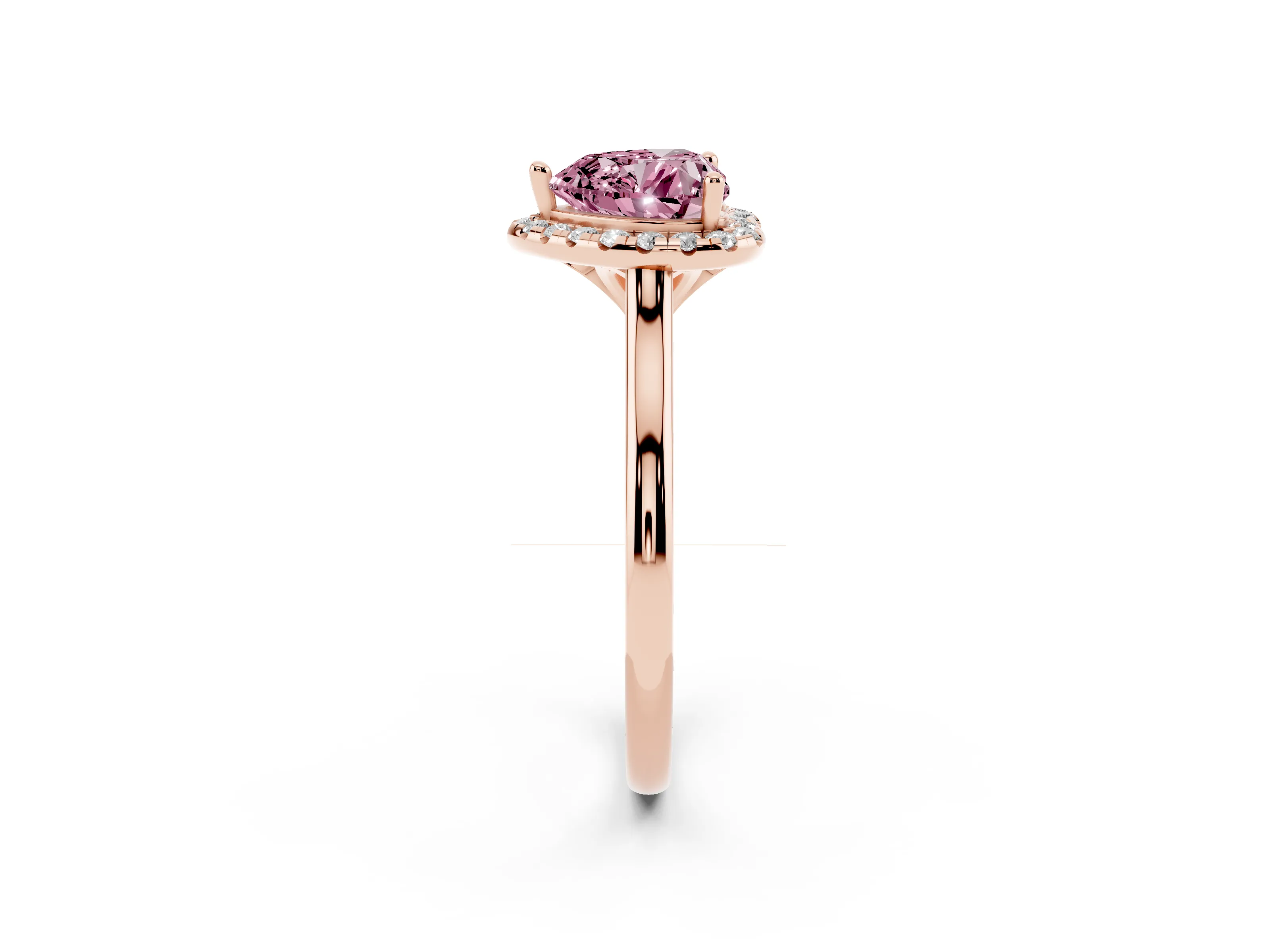Fancy Pink Heart Cut Diamond Halo Engagement Ring Set in Rose gold with Pavé Band and Rising Shoulders