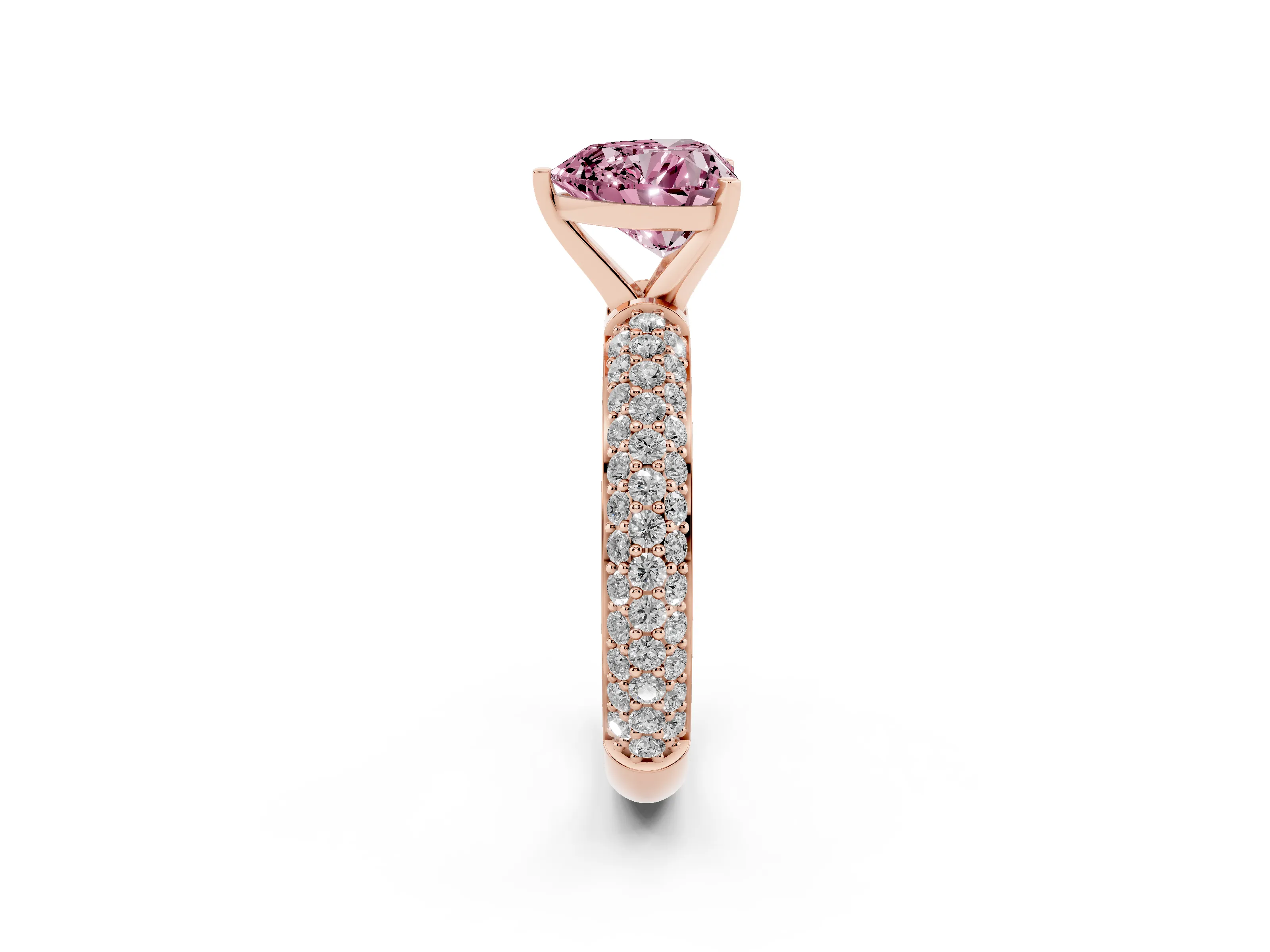 Fancy Pink Heart Cut Diamond Solitaire Ring Set in Rose gold with Prong Setting and Pavé-Set Band