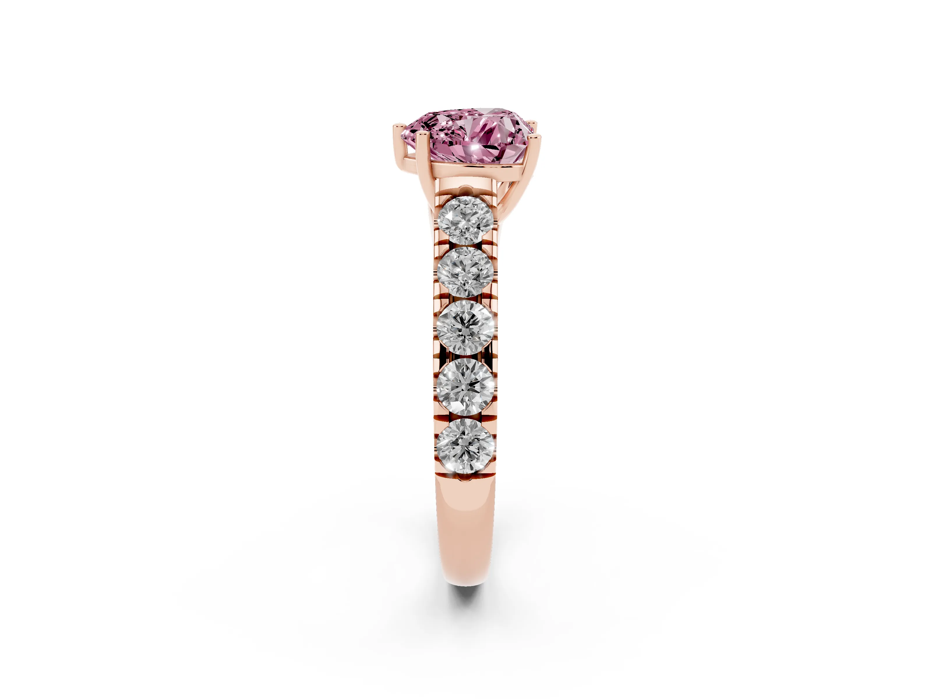 Fancy Pink Heart Cut Diamond Solitaire Ring Set in Rose gold with Cut-Down Micro Pavé Band and Prong Setting