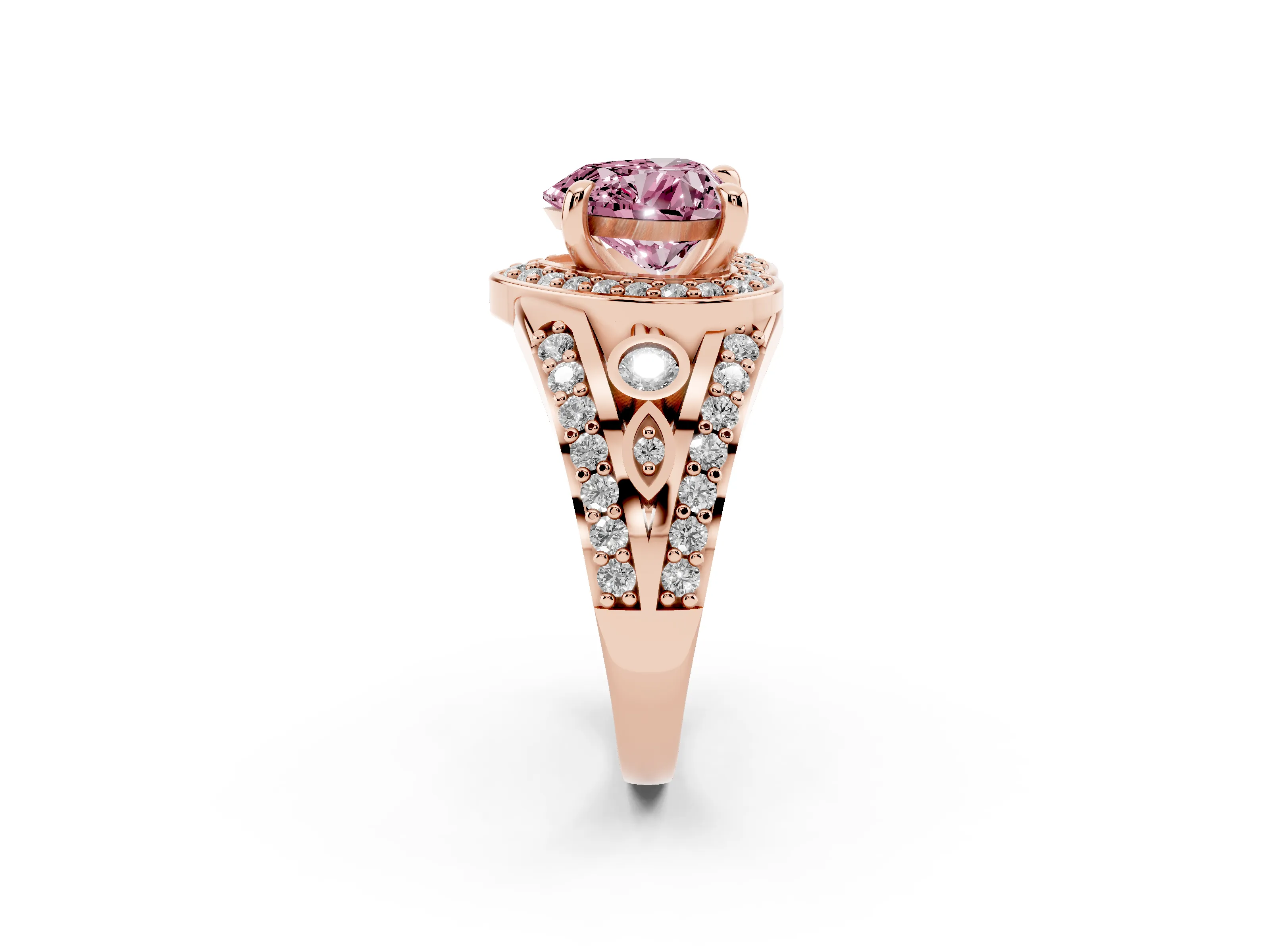 Fancy Pink Heart Cut Diamond Halo Ring Set in Rose gold with Pavé Split Shank and Bezel Accents