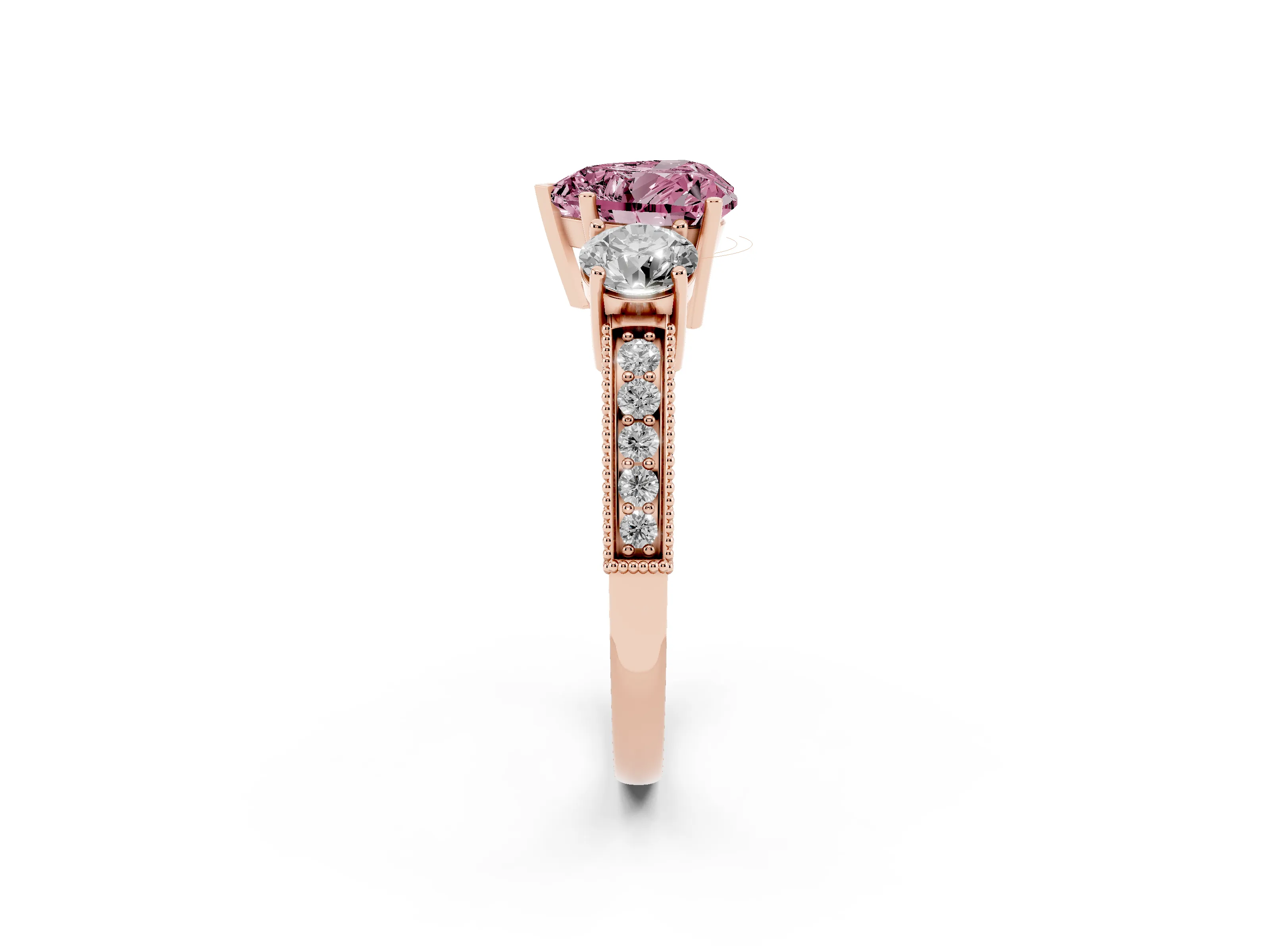 Fancy Pink Heart Cut Diamond Three-Stone Ring Set in Rose gold with Round Side Stones and Pavé Band