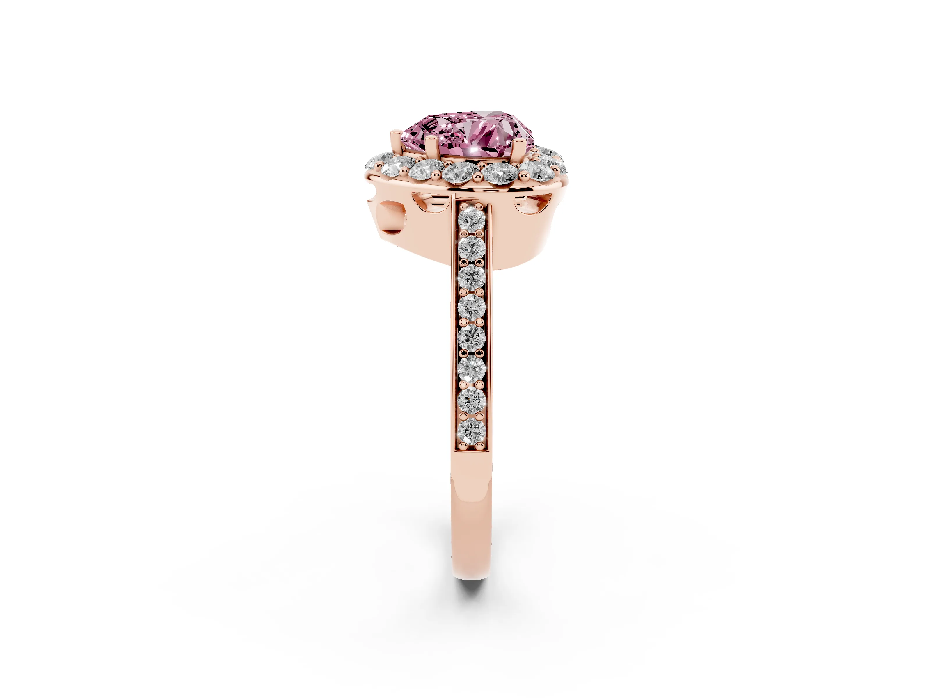 Fancy Pink Heart Cut Diamond Floral Halo Ring Set in Rose gold with Pavé Band and Prong Setting