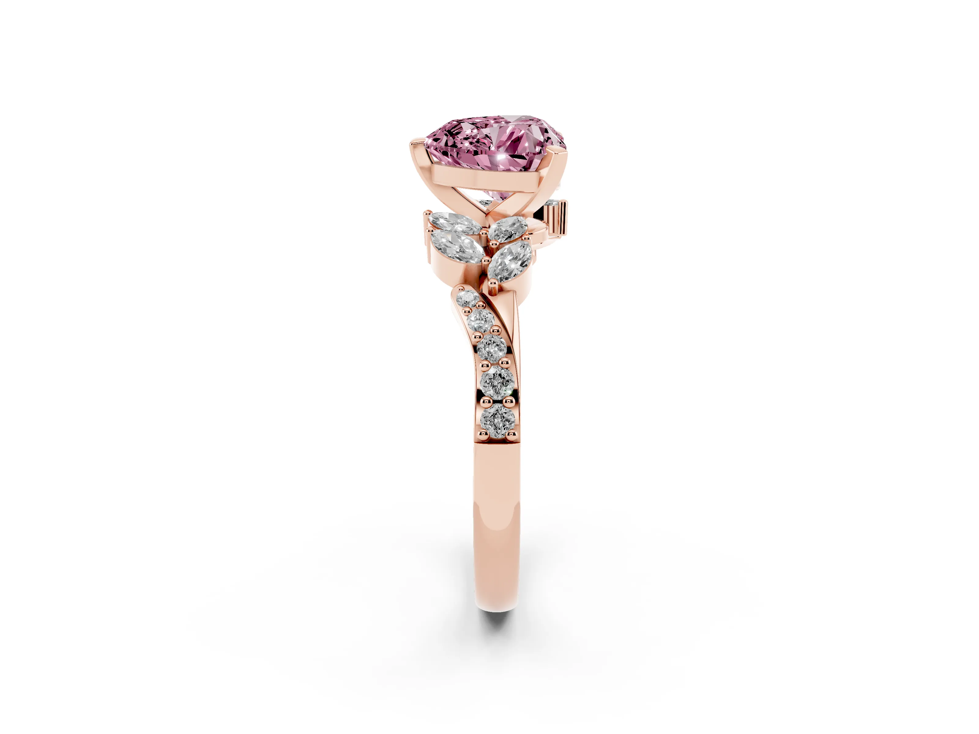 Fancy Pink Heart Cut Diamond Solitaire Ring Set in Rose gold with Marquise Twist Band and Prong Setting
