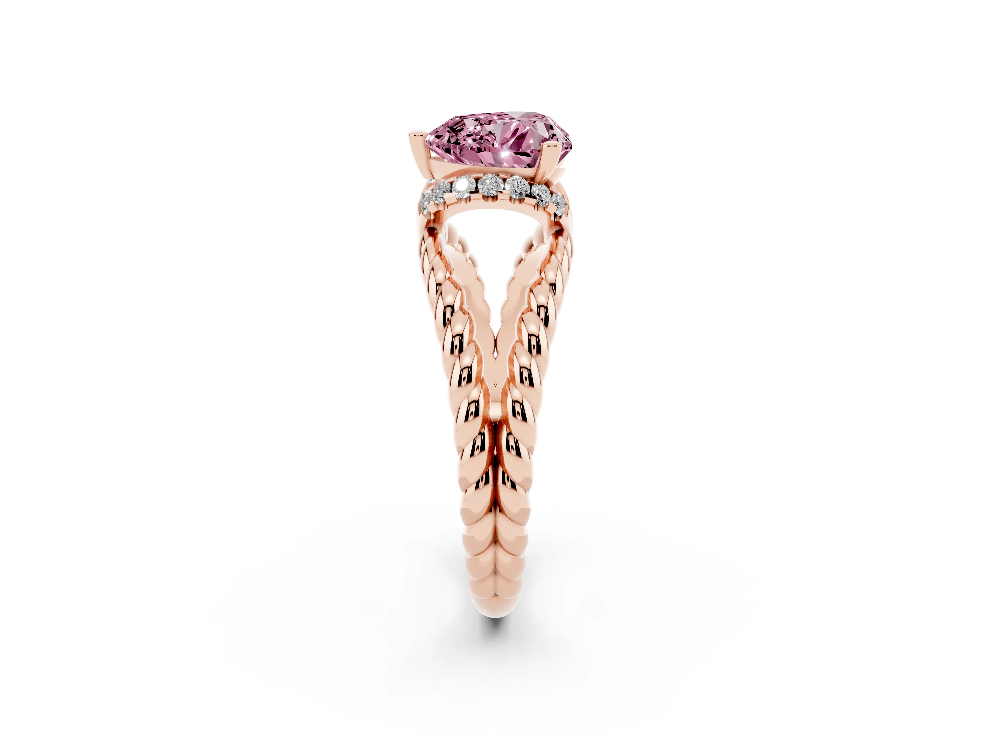 Fancy Pink Heart Cut Diamond Halo Ring Set in Rose gold with Twisted Band and Prong Setting