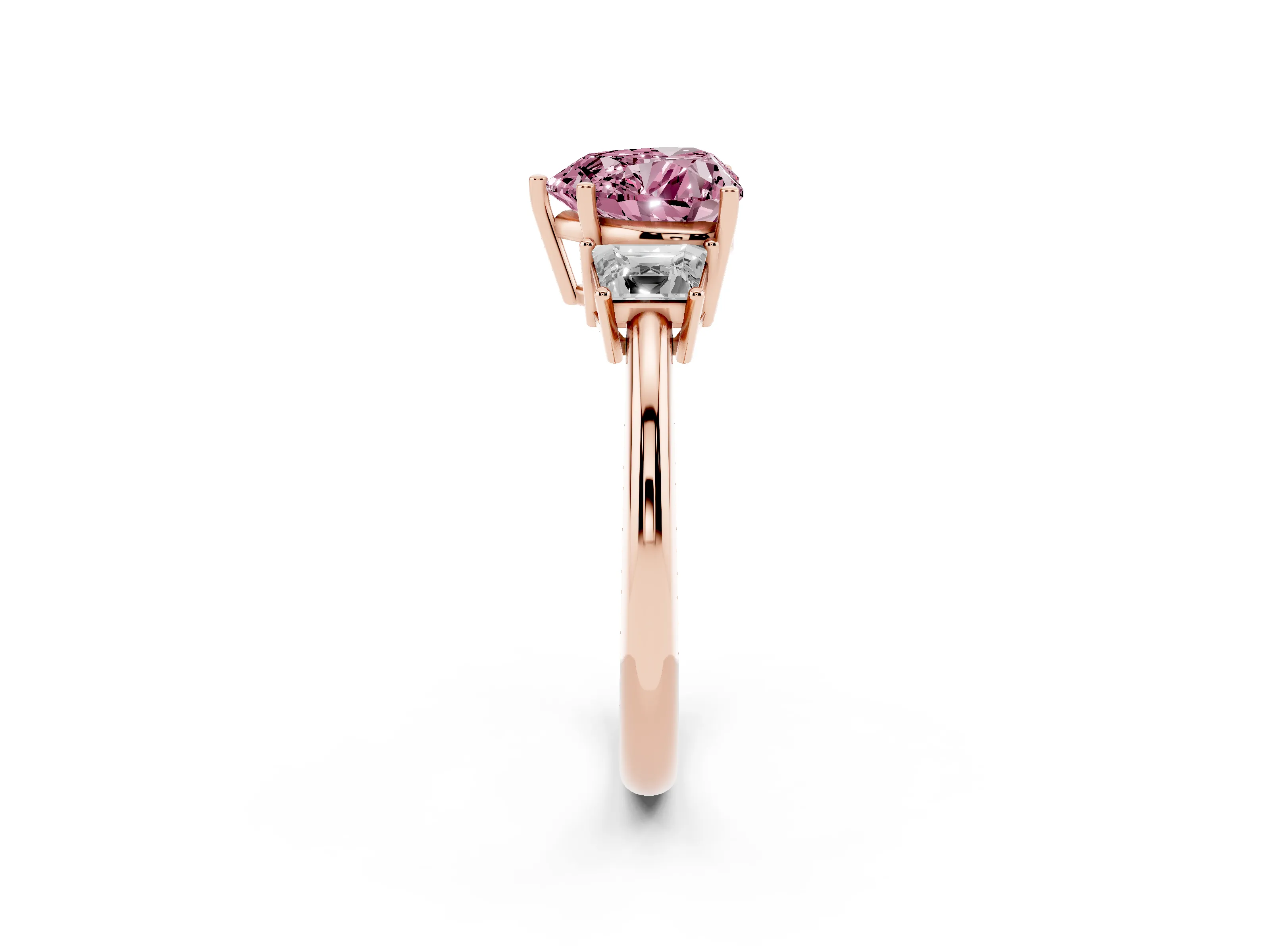 Fancy Pink Heart Cut Diamond Three-Stone Ring Set in Rose gold with Trapezoid Side Stones and Prong Setting