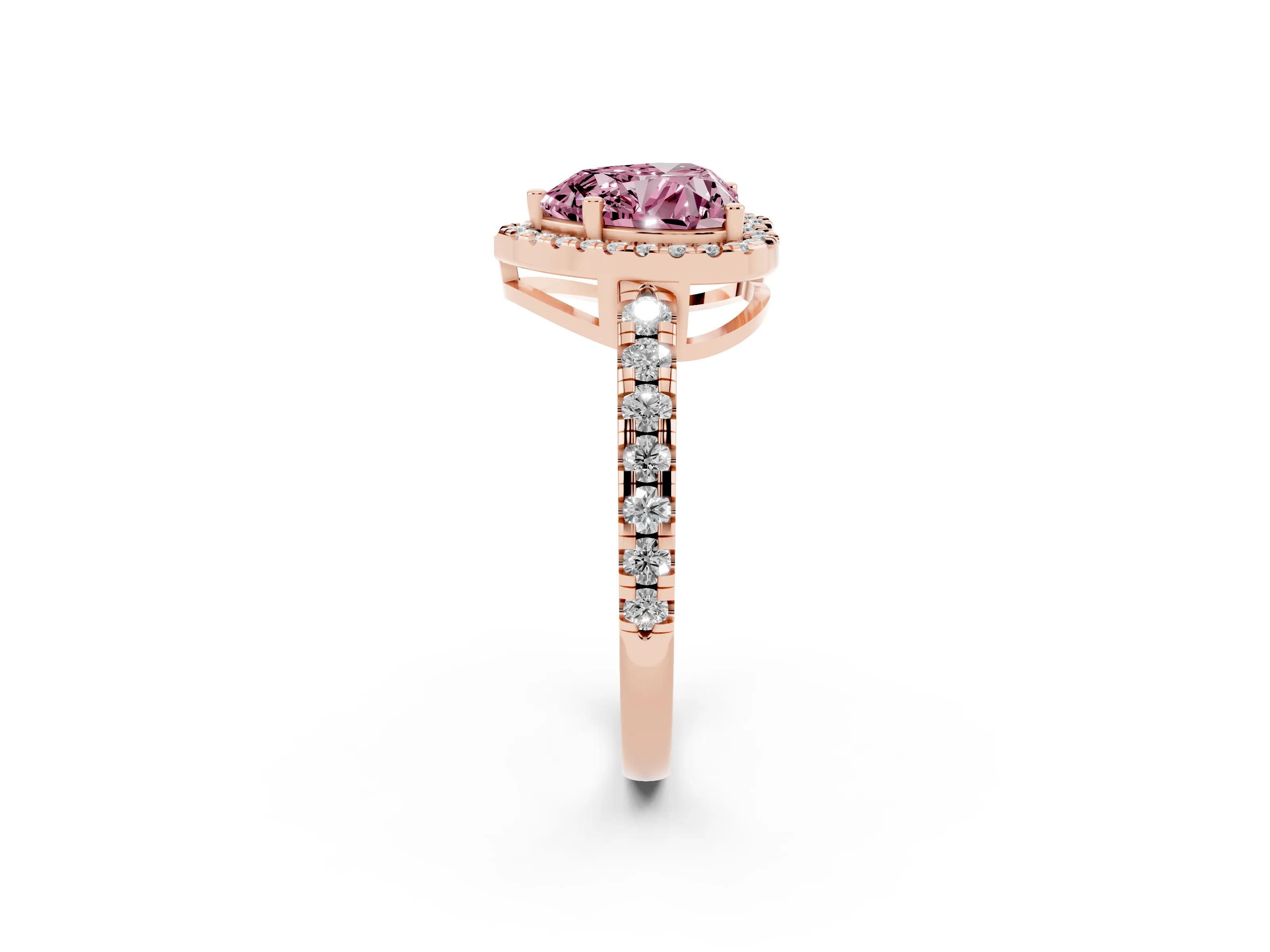 Fancy Pink Heart Cut Diamond Halo Ring Set in Rose gold with Delicate Pavé Band and Prong Setting