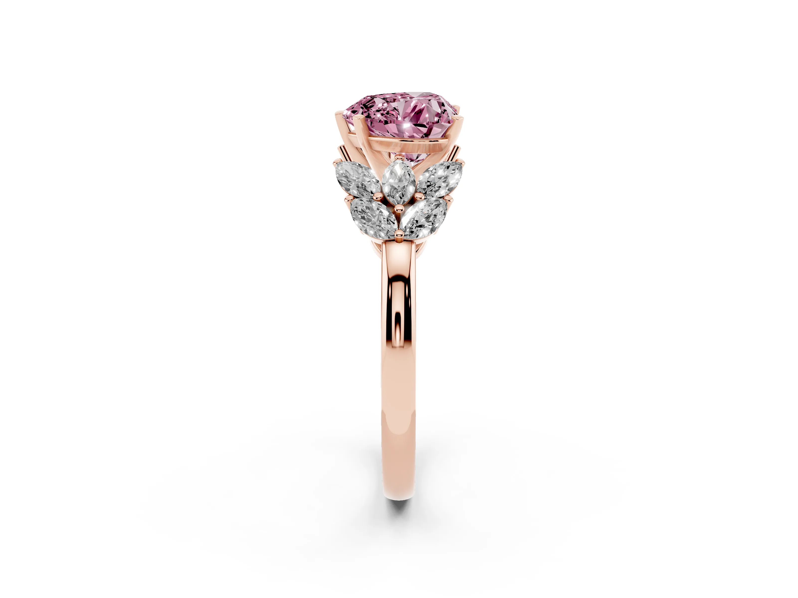 Fancy Pink Heart Cut Diamond Cluster Leaf Design Ring Set in Rose gold with Prong Setting
