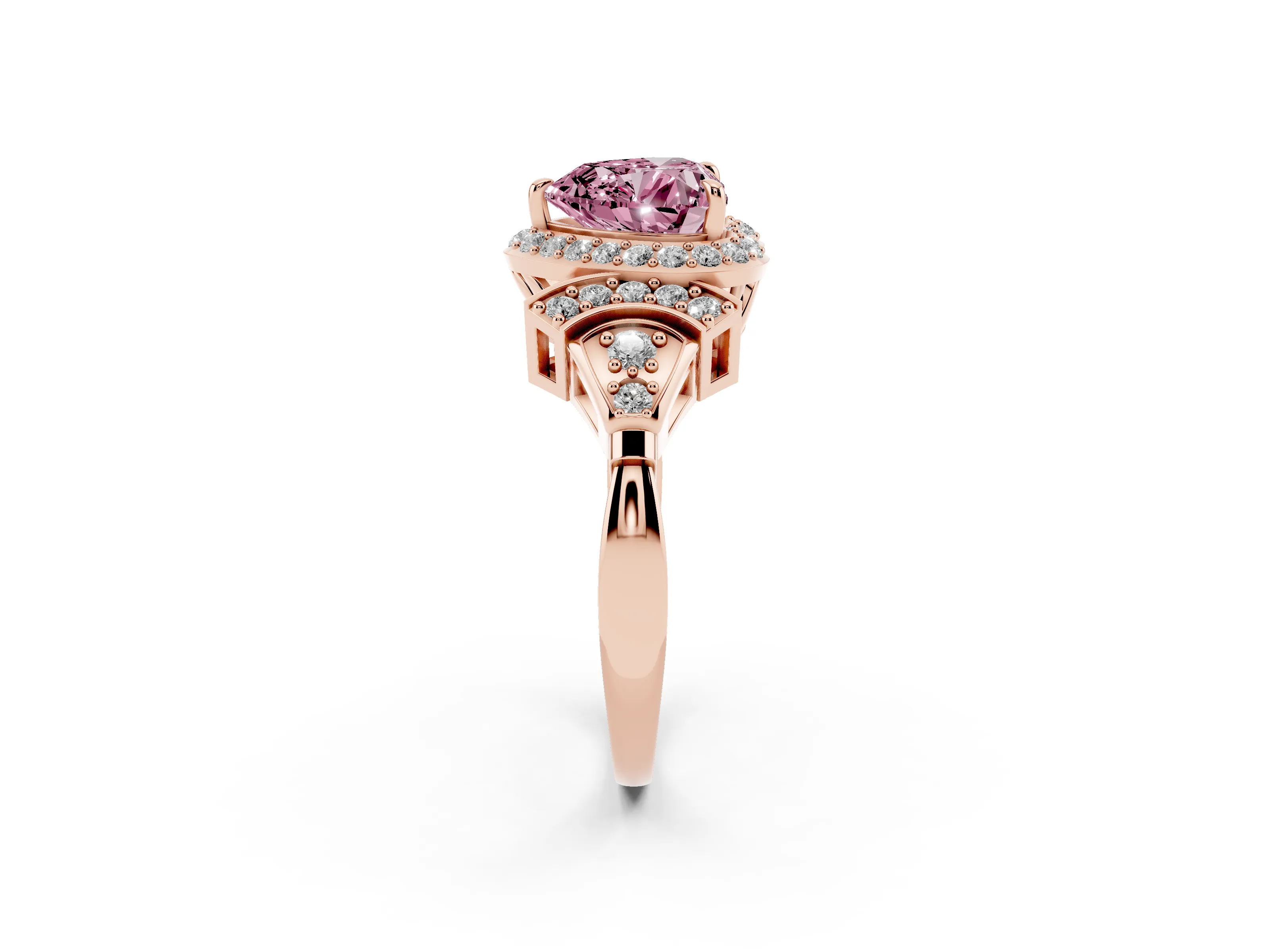 Fancy Pink Heart Cut Diamond Halo Engagement Ring Set in Rose gold with Accent Stone Split Shank