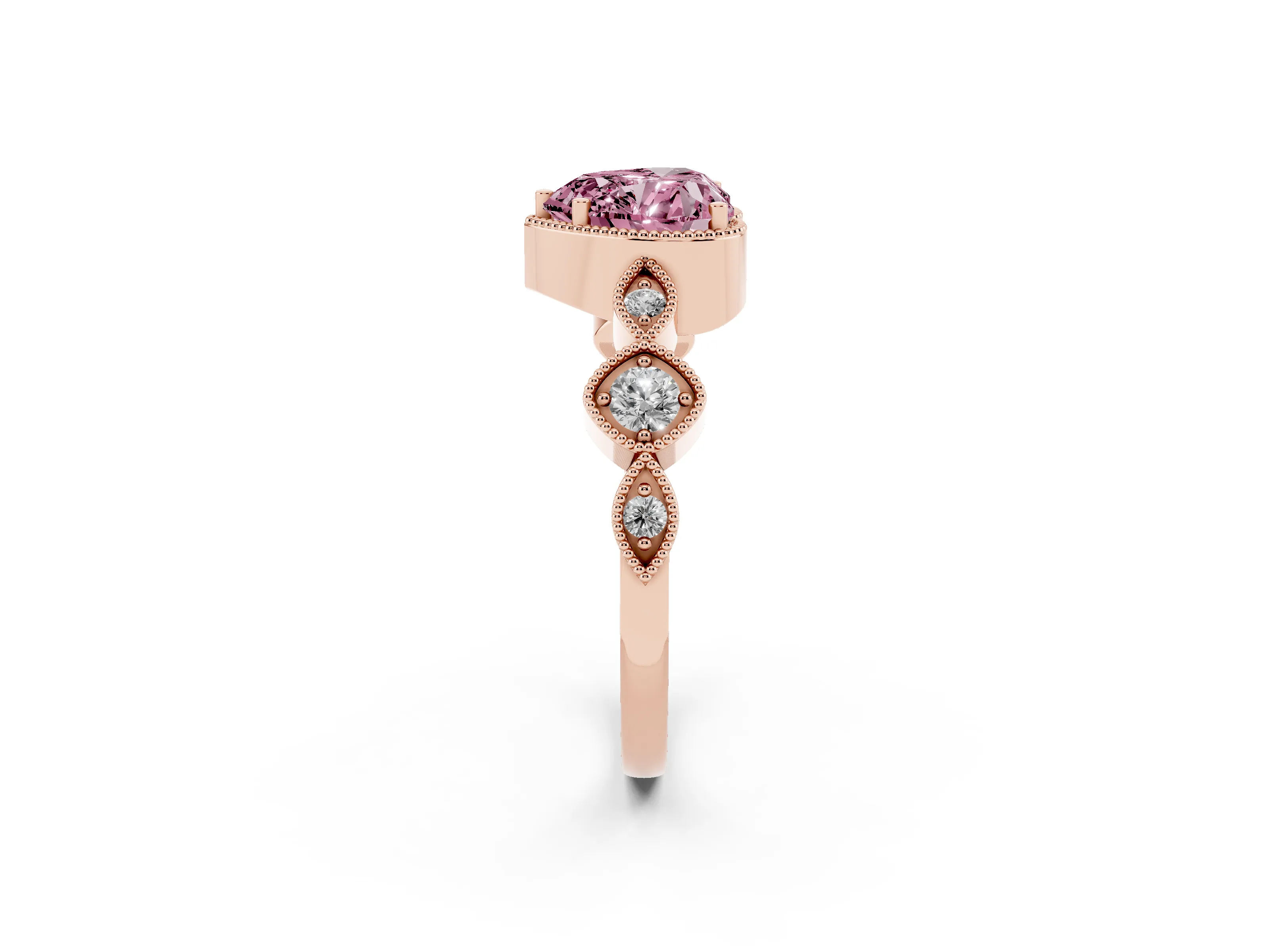 Fancy Pink Heart Cut Diamond Vintage-Inspired Milgrain Ring Set in Rose gold with Marquise Stations of Round Accents