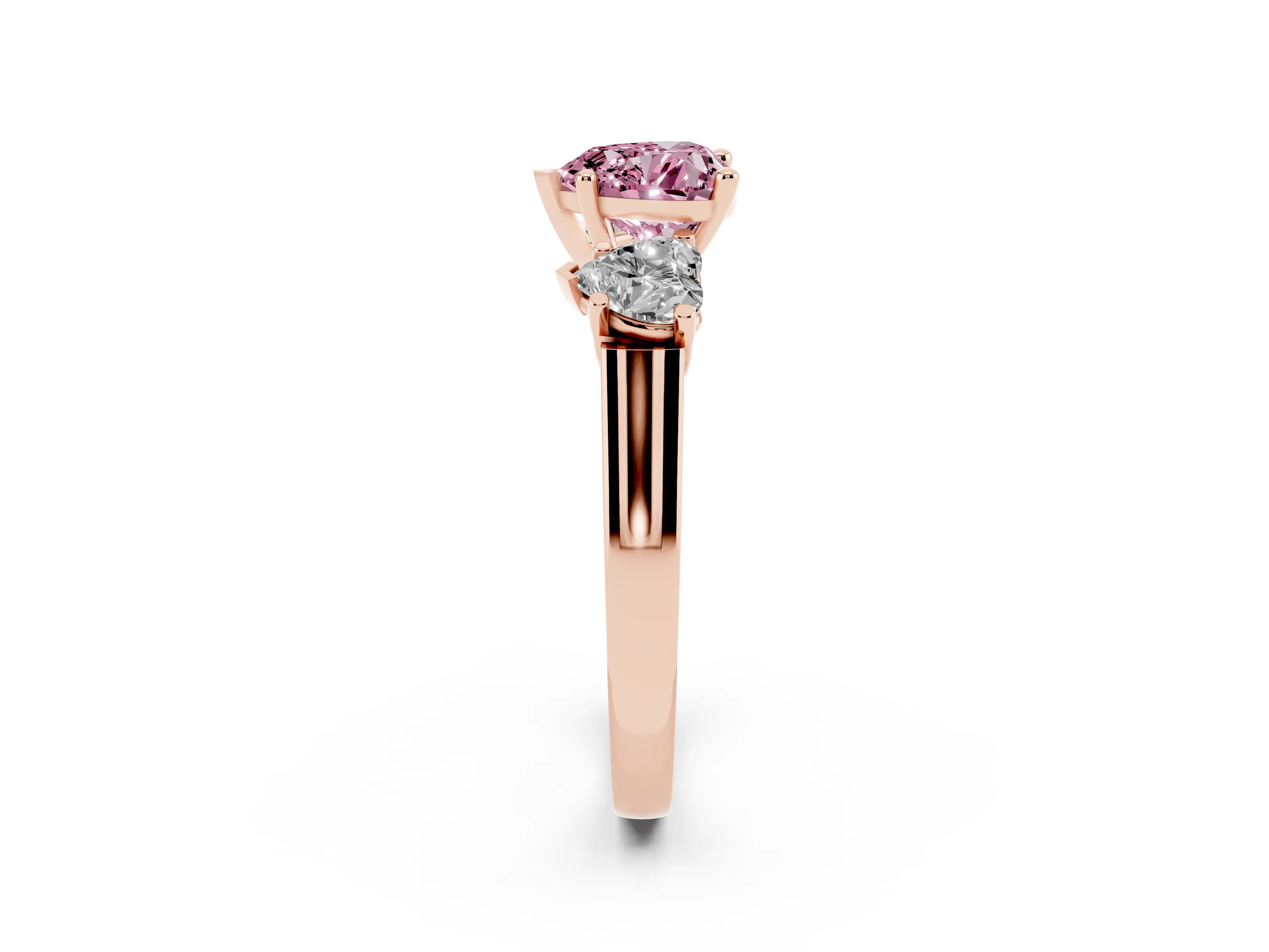 Fancy Pink Heart Cut Diamond Three-Stone Trellis Ring Set in Rose gold with Comfort Fit Band