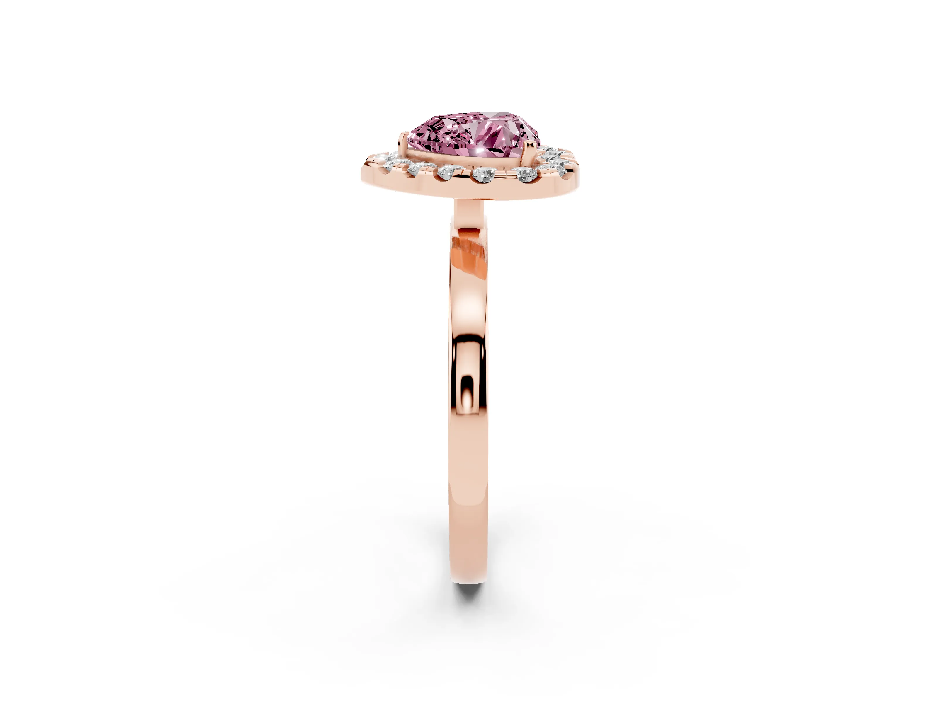 Fancy Pink Heart Cut Diamond Halo Solitaire Ring Set in Rose gold with Pavé Band and Prong Setting