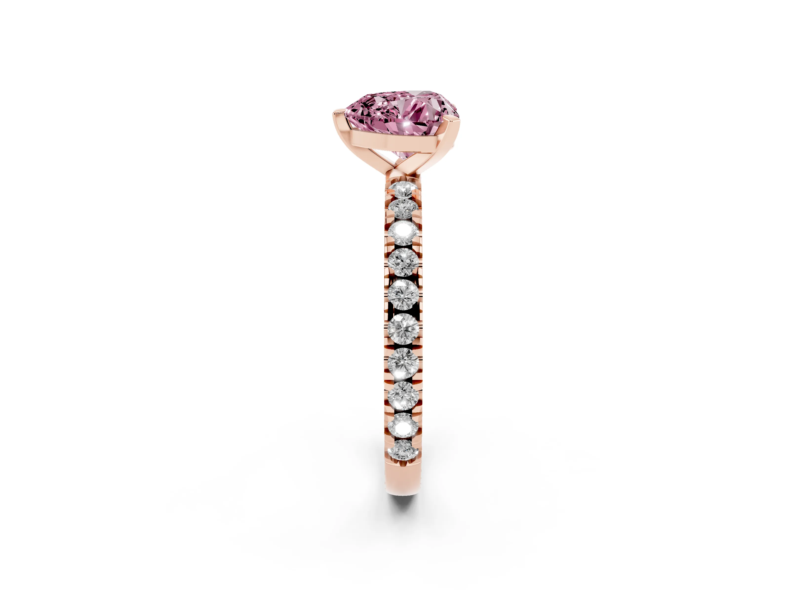 Fancy Pink Heart Cut Diamond Pavé Band Solitaire Set in Rose gold with Prong Setting