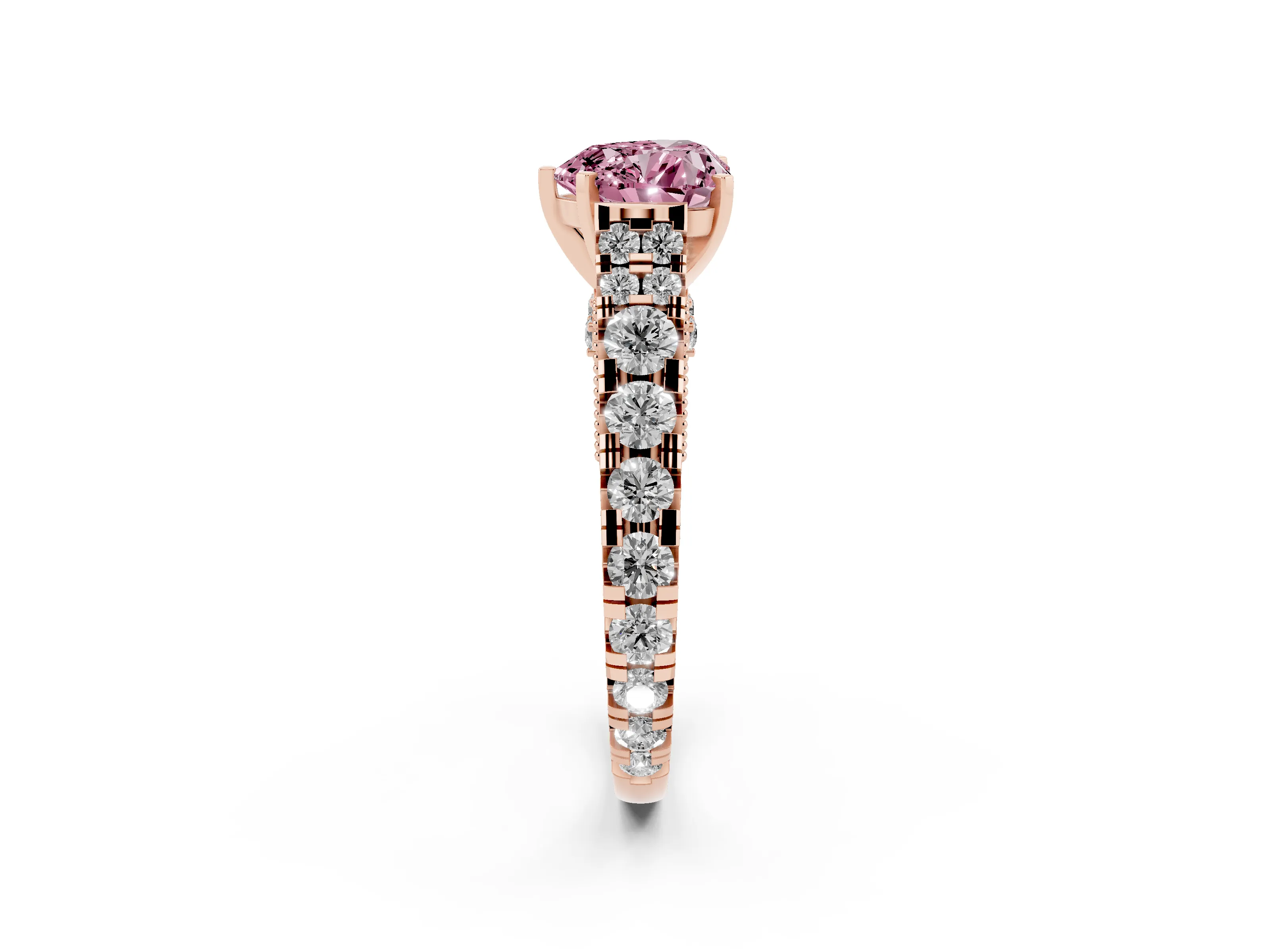 Fancy Pink Heart Cut Diamond Classic Solitaire Ring Set in Rose gold with Pavé Band and Prong Setting