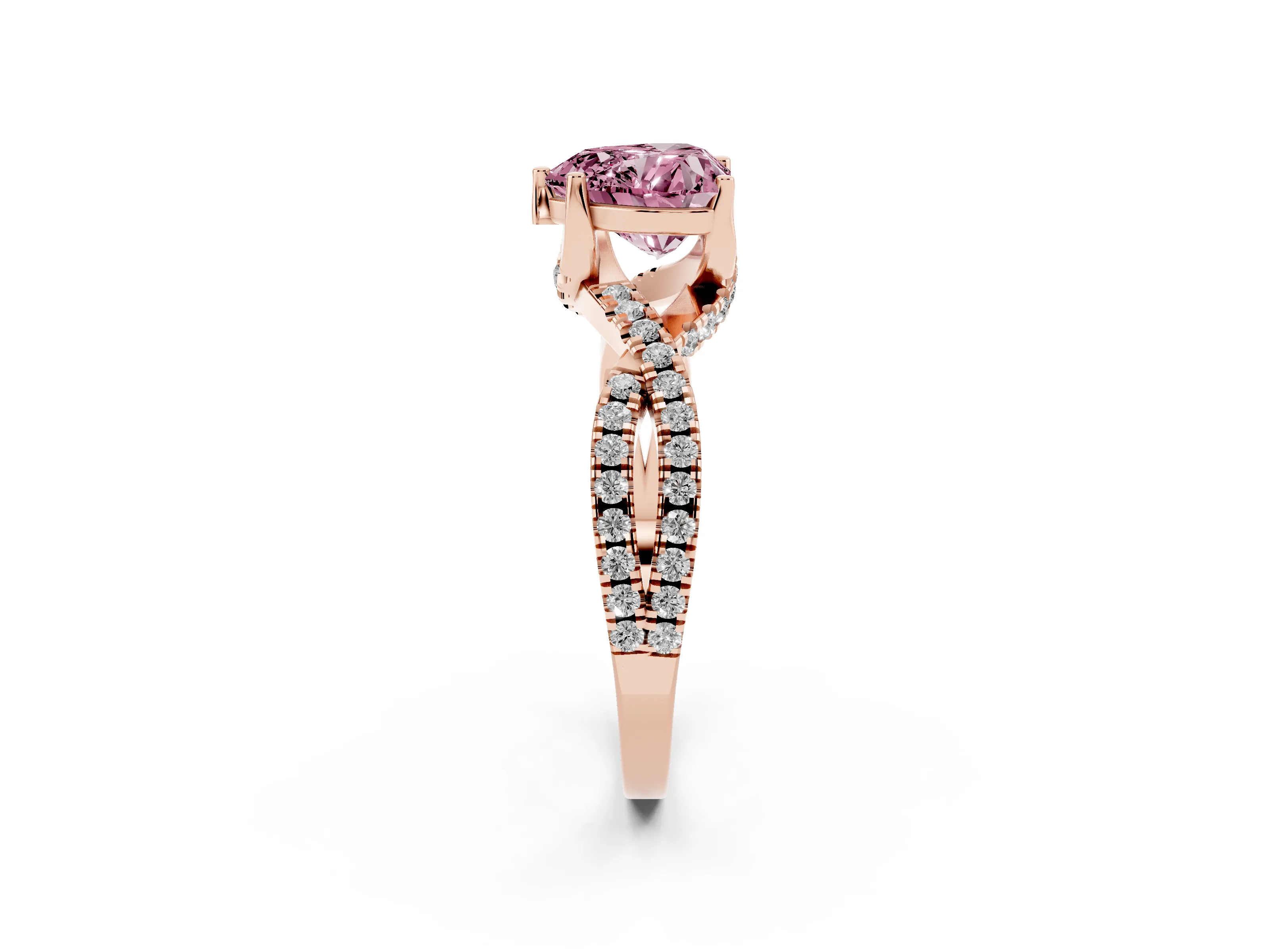 Fancy Pink Heart Cut Diamond Twist Pavé Solitaire Engagement Ring Set in Rose gold with Prong Setting