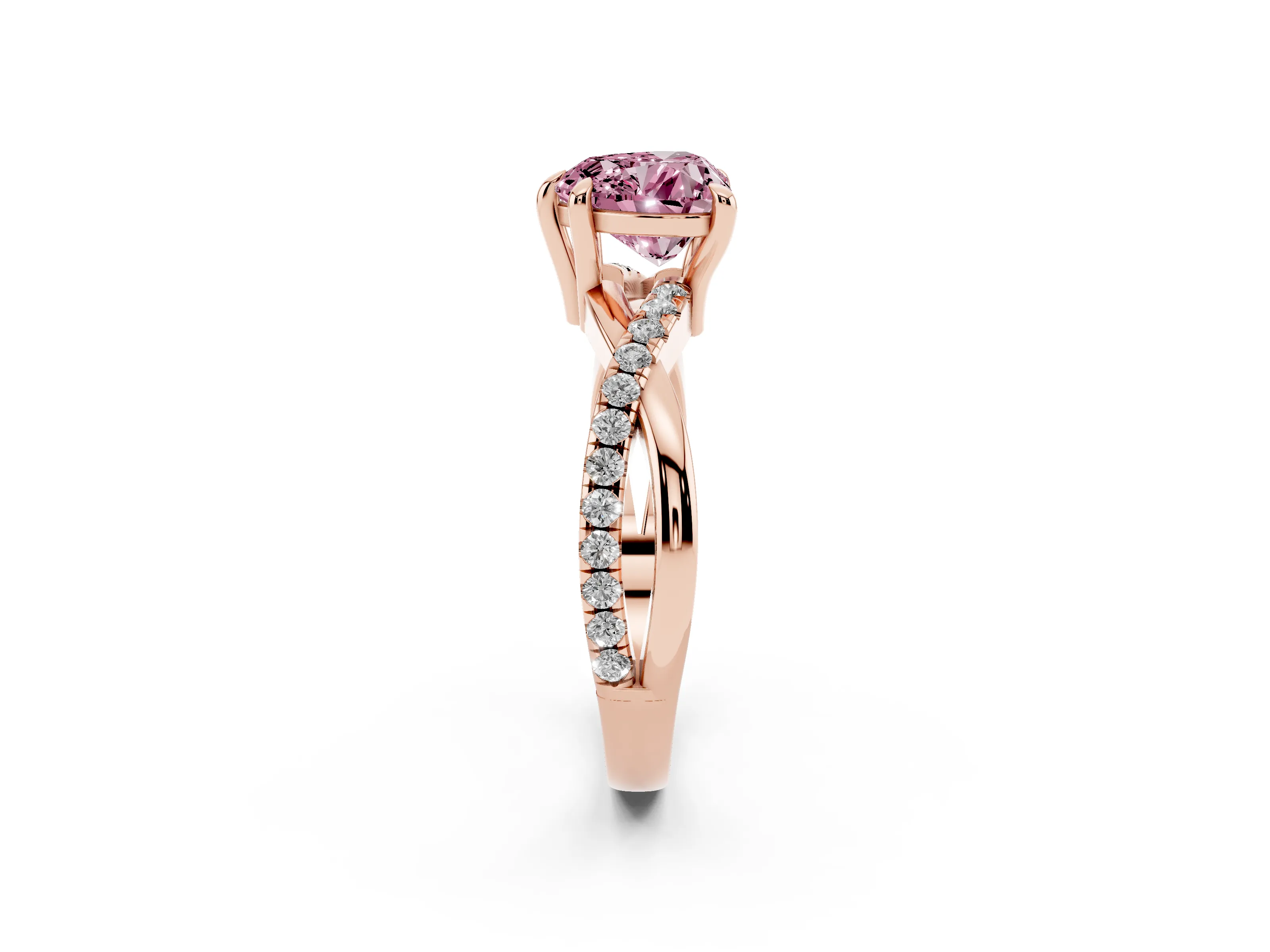 Fancy Pink Heart Cut Diamond Twist Band Solitaire Set in Rose gold with Pavé Accents and Prong Setting