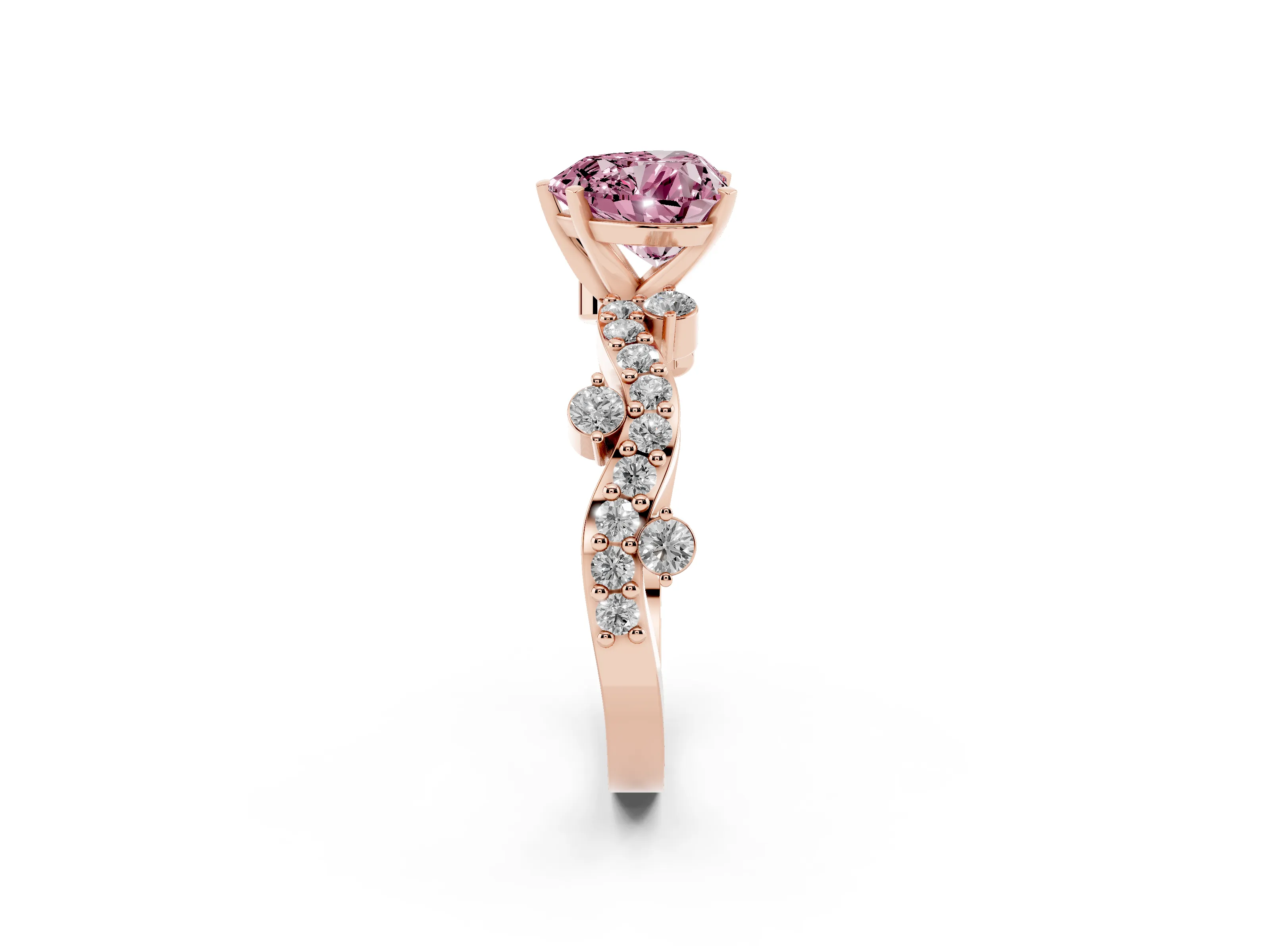 Fancy Pink Heart Cut Diamond Solitaire Twisted Band Set in Rose gold with Pavé Setting
