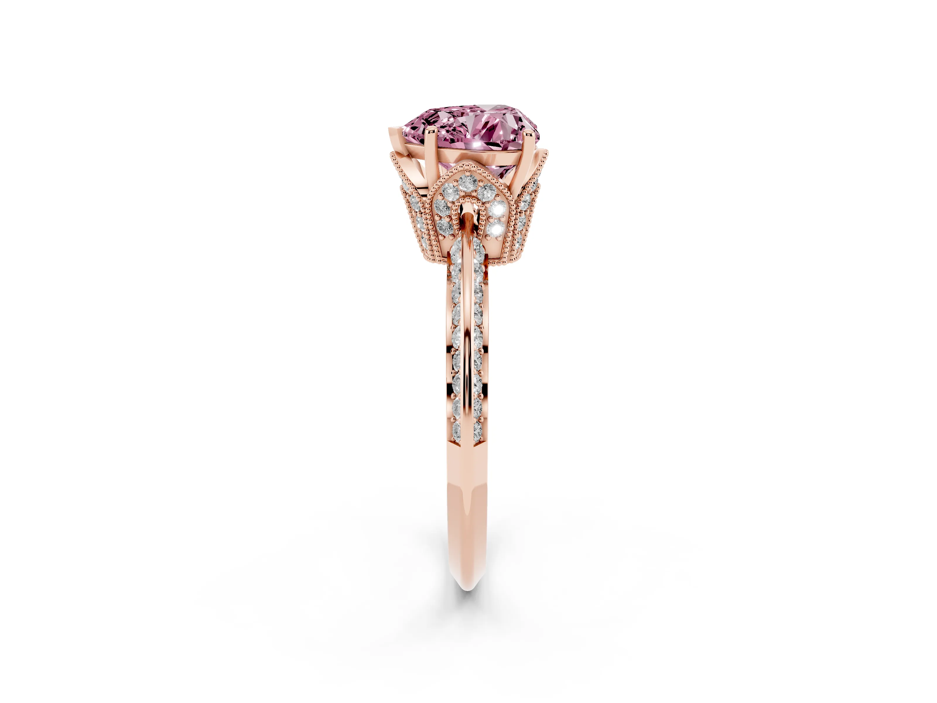 Fancy Pink Heart Cut Diamond Solitaire Engagement Ring Set in Rose gold with Pavé Split Shank and Prong Setting