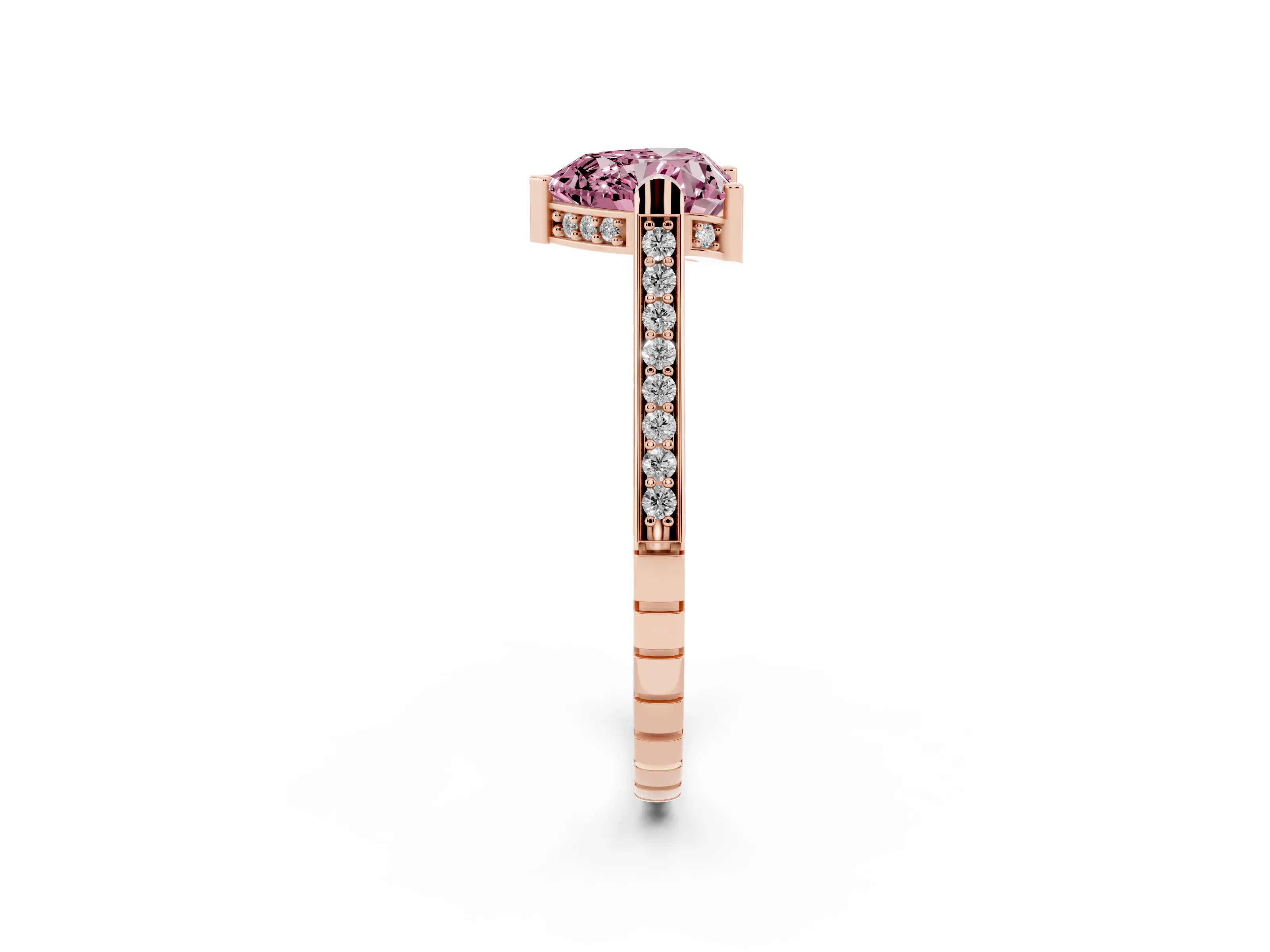 Fancy Pink Heart Cut Diamond Solitaire Ring Set in Rose gold with Channel Set Band and Bezel Prong Setting