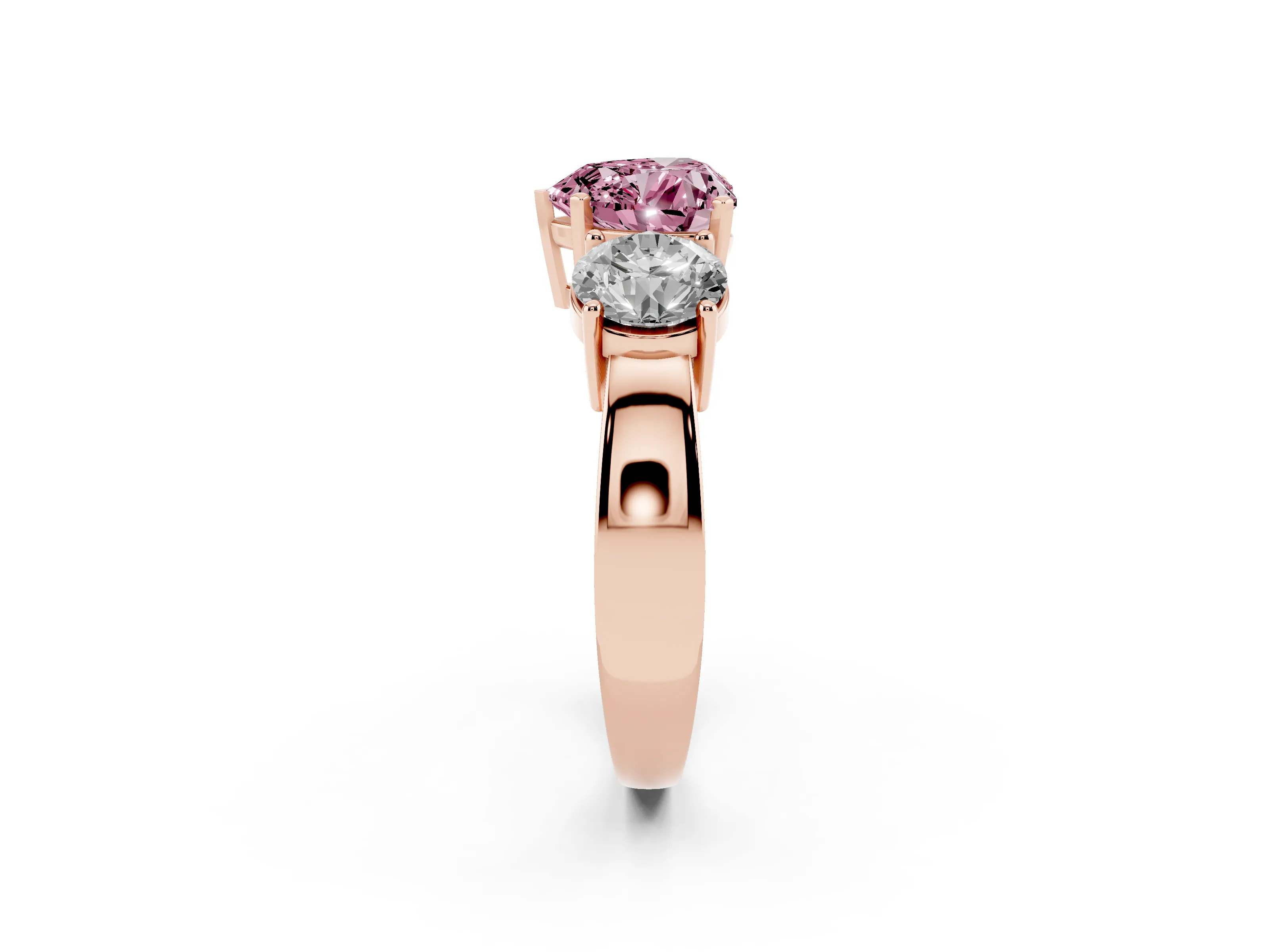 Fancy Pink Heart Cut Diamond Three-Stone Ring Set in Rose gold with Round Side Stones and Classic Band