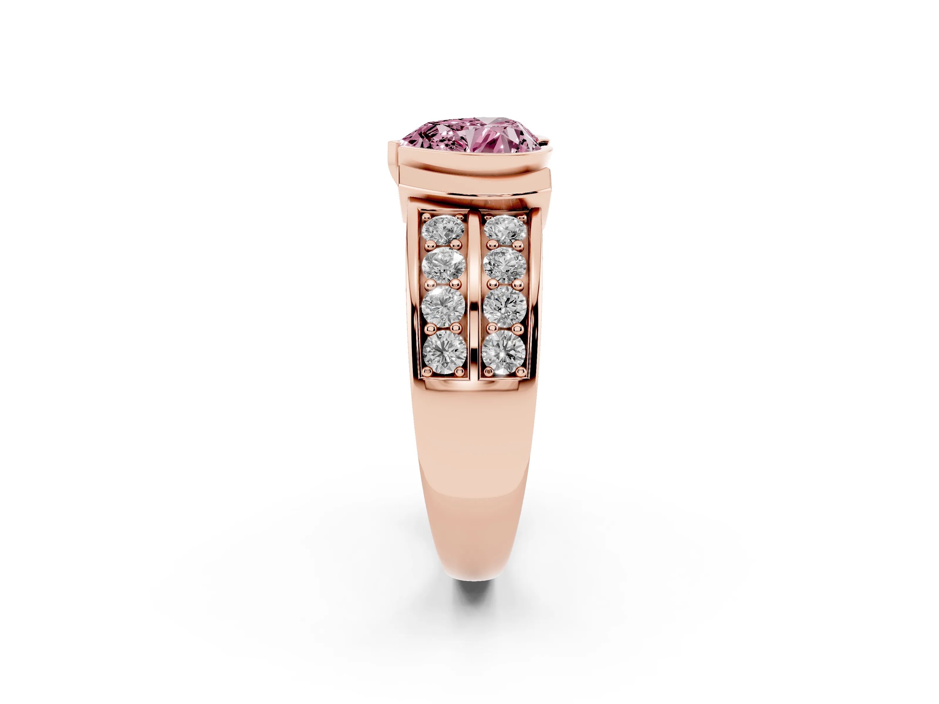 Fancy Pink Heart Cut Diamond Wide Channel Set Band Ring Set in Rose gold with Bezel Setting