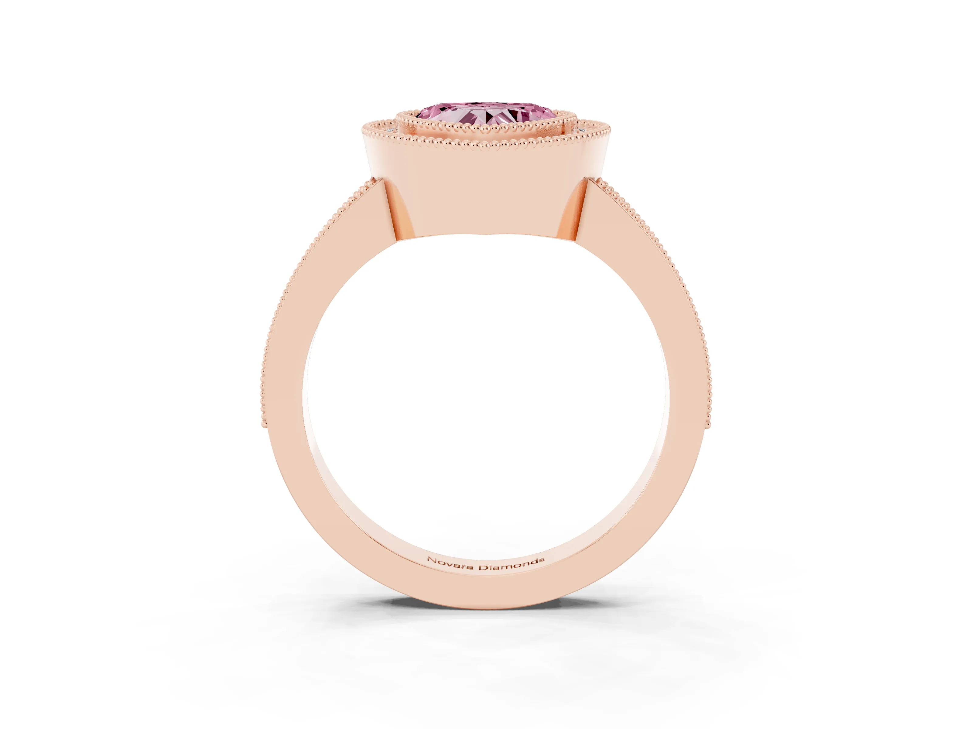 Fancy Pink Heart Cut Diamond Halo Engagement Ring Set in Rose gold with Pavé Band and Round Halo Stones