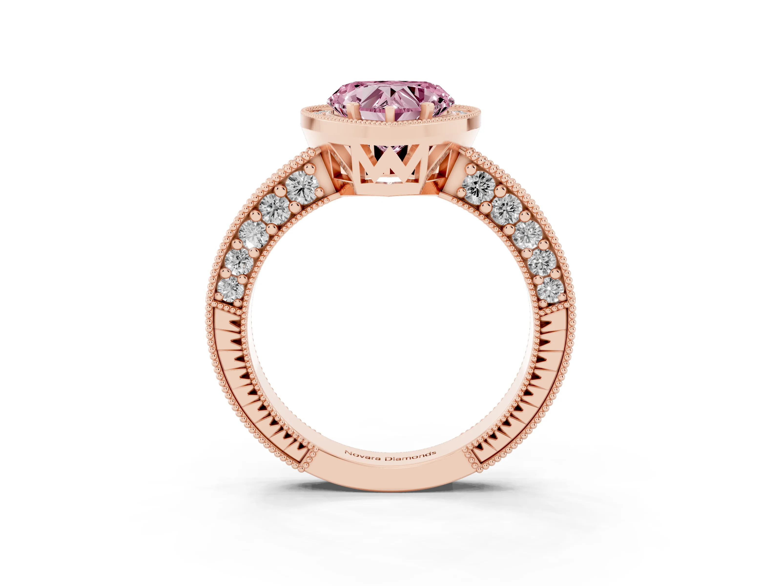 Fancy Pink Heart Cut Diamond Halo Pavé Band Ring Set in Rose gold with Prong-Set Center