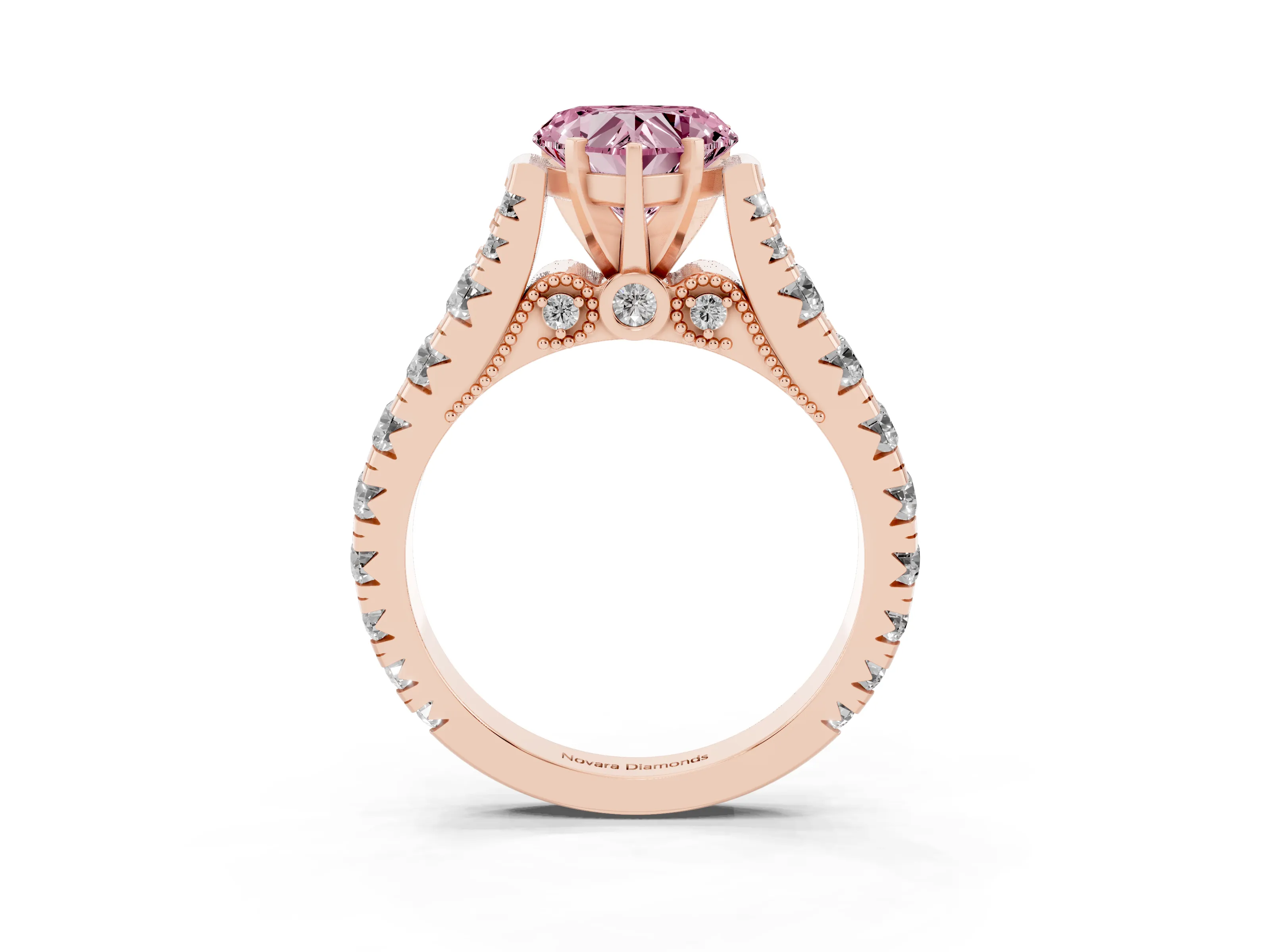 Fancy Pink Heart Cut Diamond Classic Solitaire Ring Set in Rose gold with Pavé Band and Prong Setting