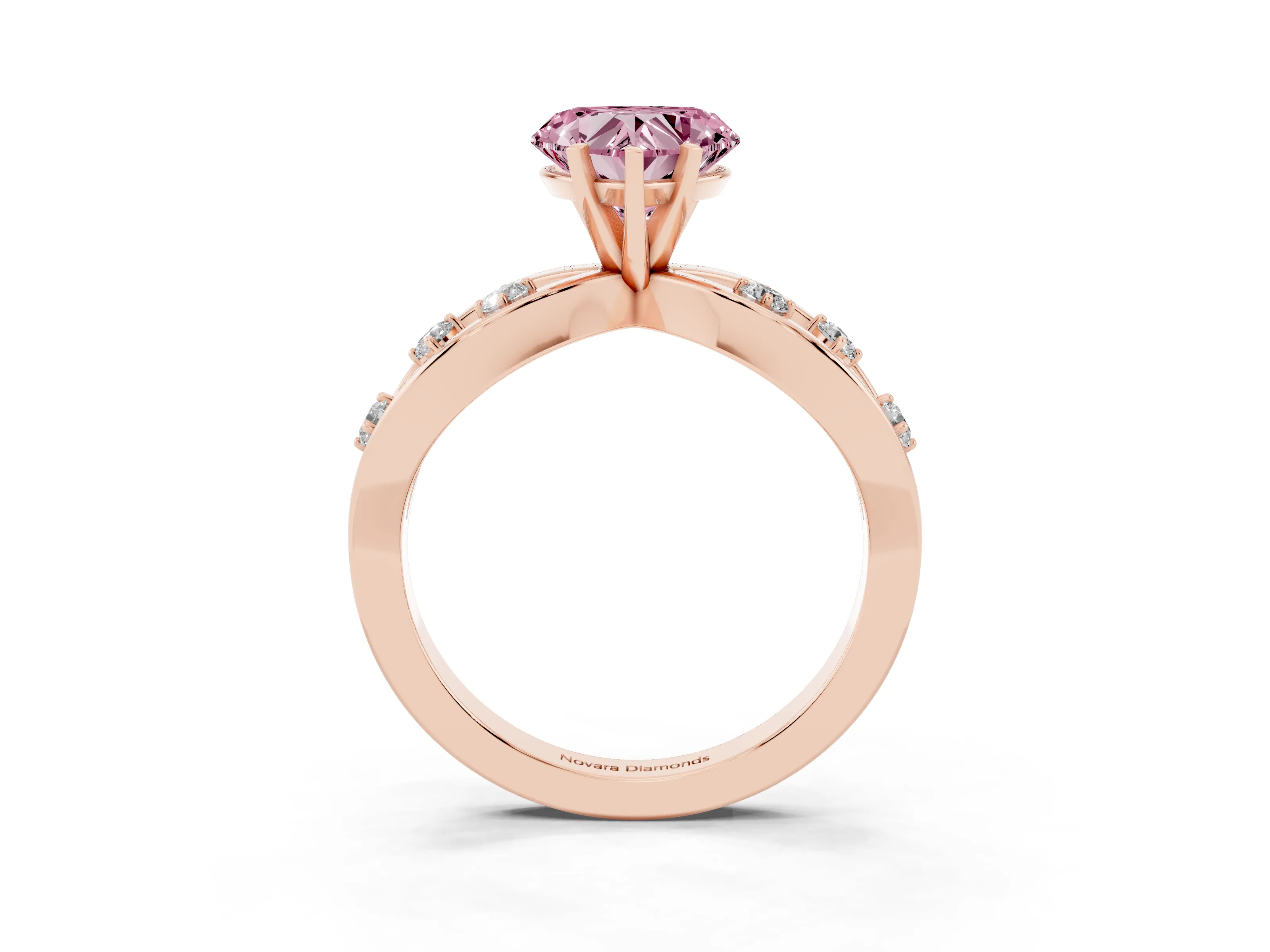 Fancy Pink Heart Cut Diamond Solitaire Ring Set in Rose gold with Side Stones on Criss-Cross Band and Prong Setting