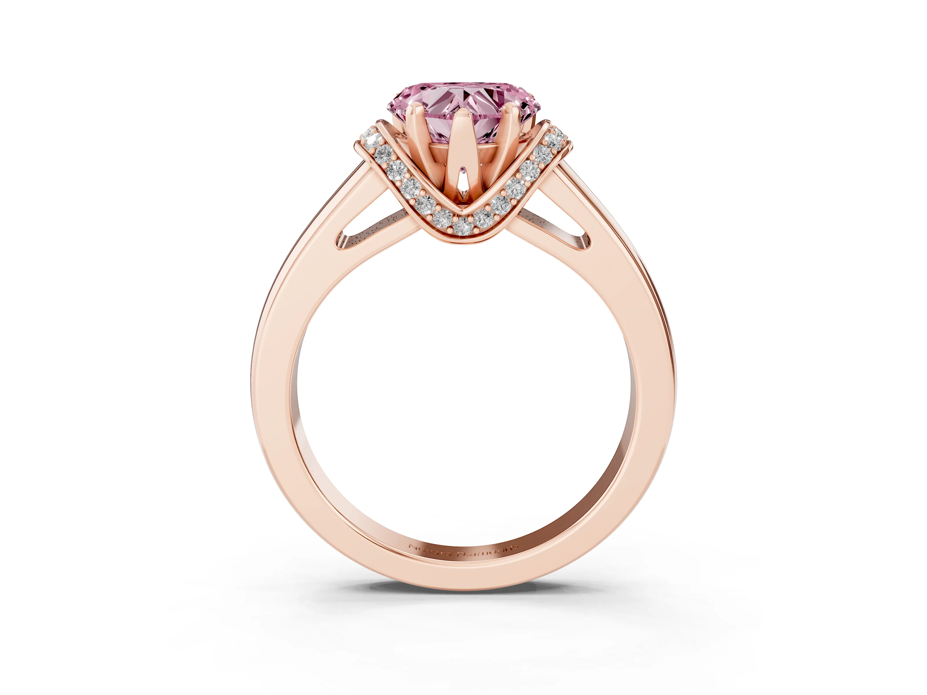 Fancy Pink Heart Cut Diamond Pavé Band Solitaire Ring Set in Rose gold with Prong Setting