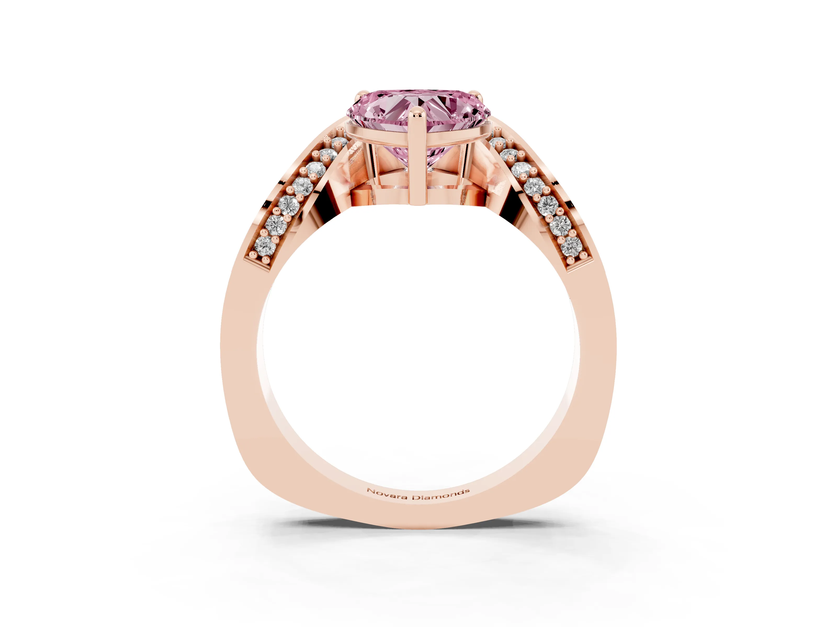 Fancy Pink Heart Cut Diamond Solitaire Engagement Ring Set in Rose gold with Pavé Shoulders