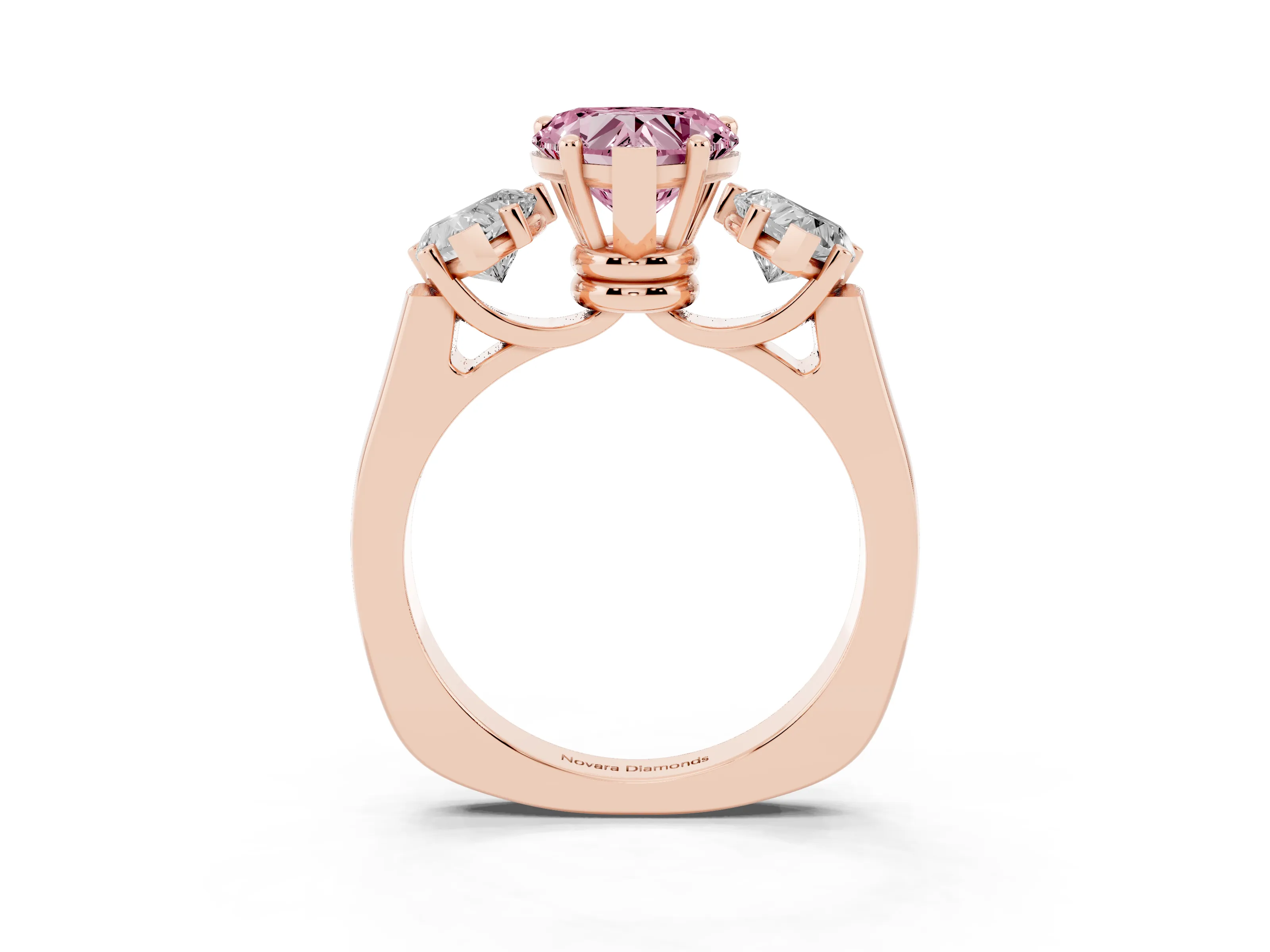 Fancy Pink Heart Cut Diamond Three-Stone Trellis Ring Set in Rose gold with Comfort Fit Band