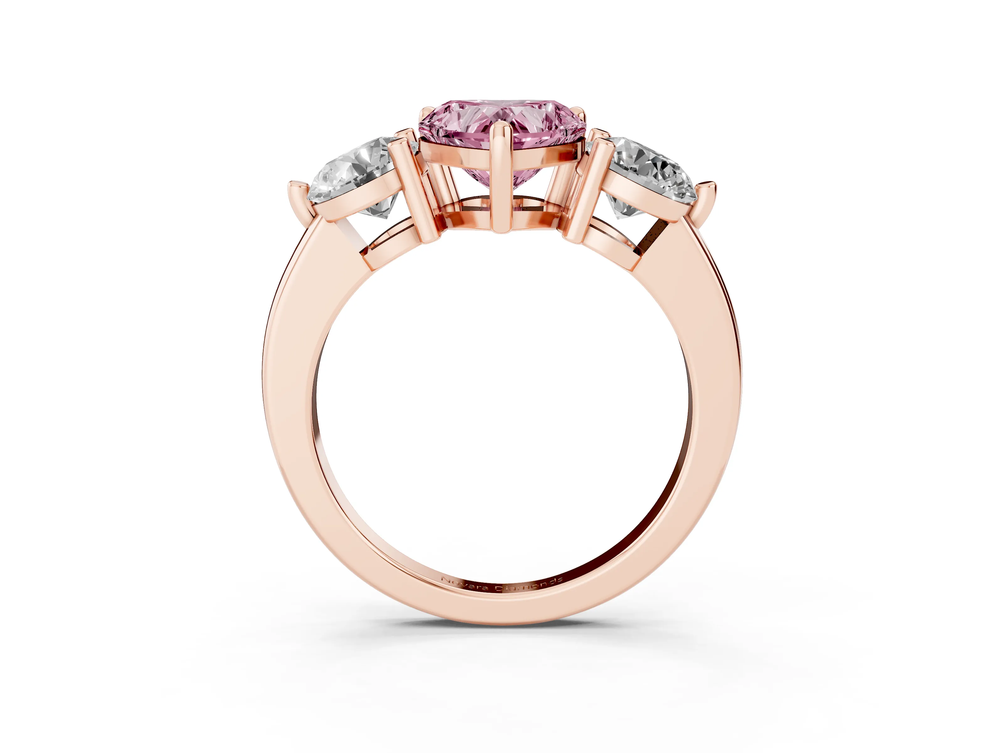 Fancy Pink Heart Cut Diamond Three-Stone Ring Set in Rose gold with Prong Setting and Classic Band