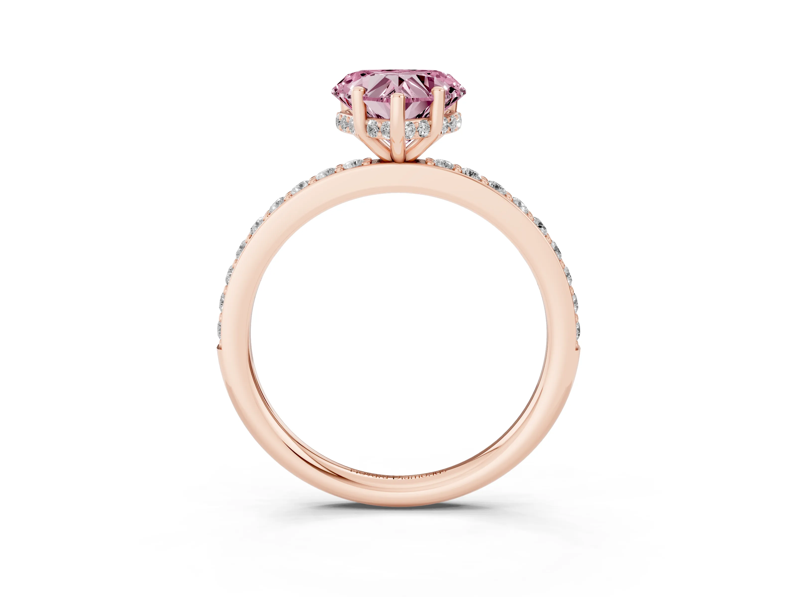 Fancy Pink Heart Cut Diamond Pavé Band Ring Set in Rose gold with Prong-Set Center Stone