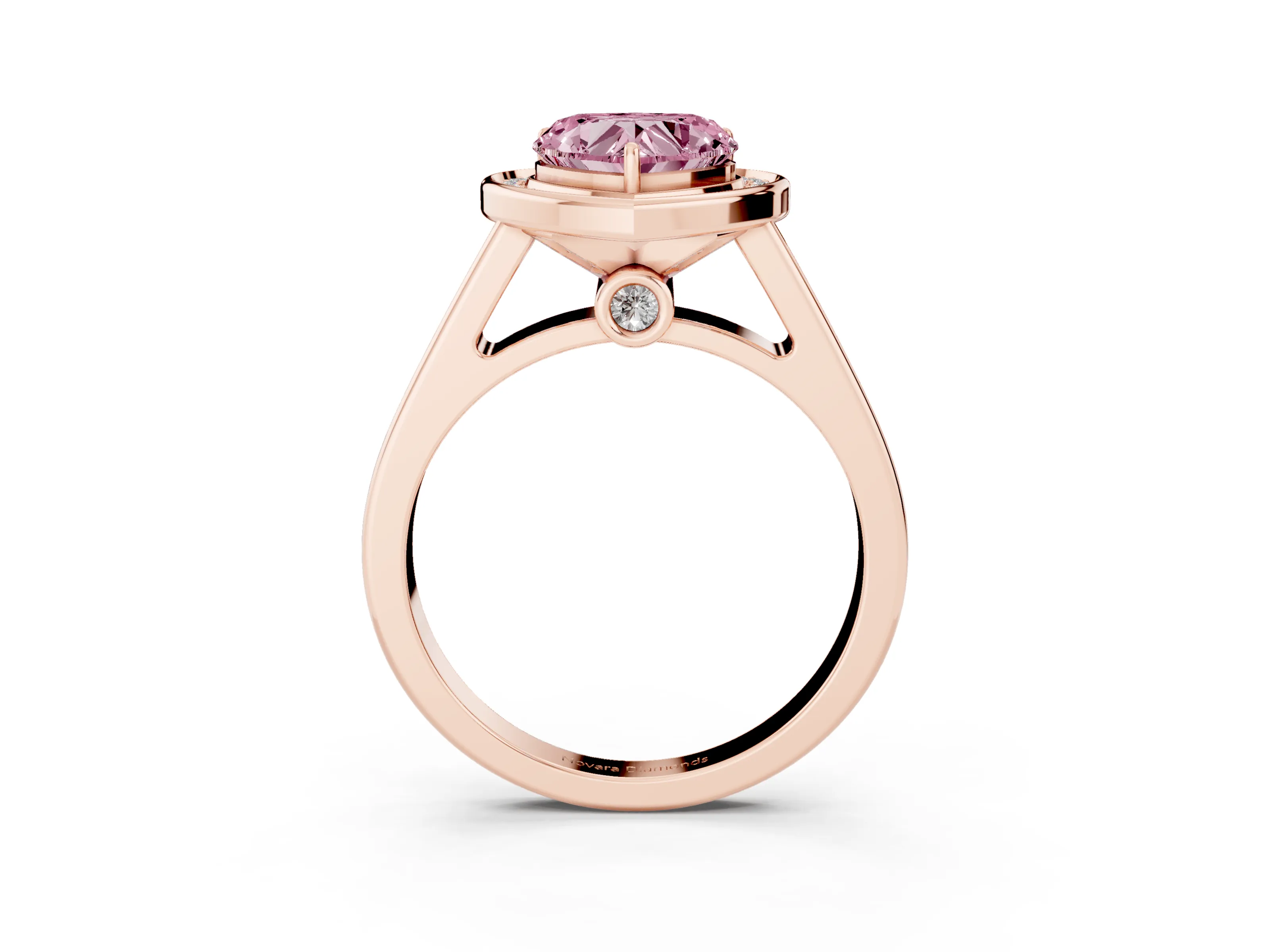Fancy Pink Heart Cut Diamond Halo Solitaire Ring Set in Rose gold with Pavé Band and Bezel Setting