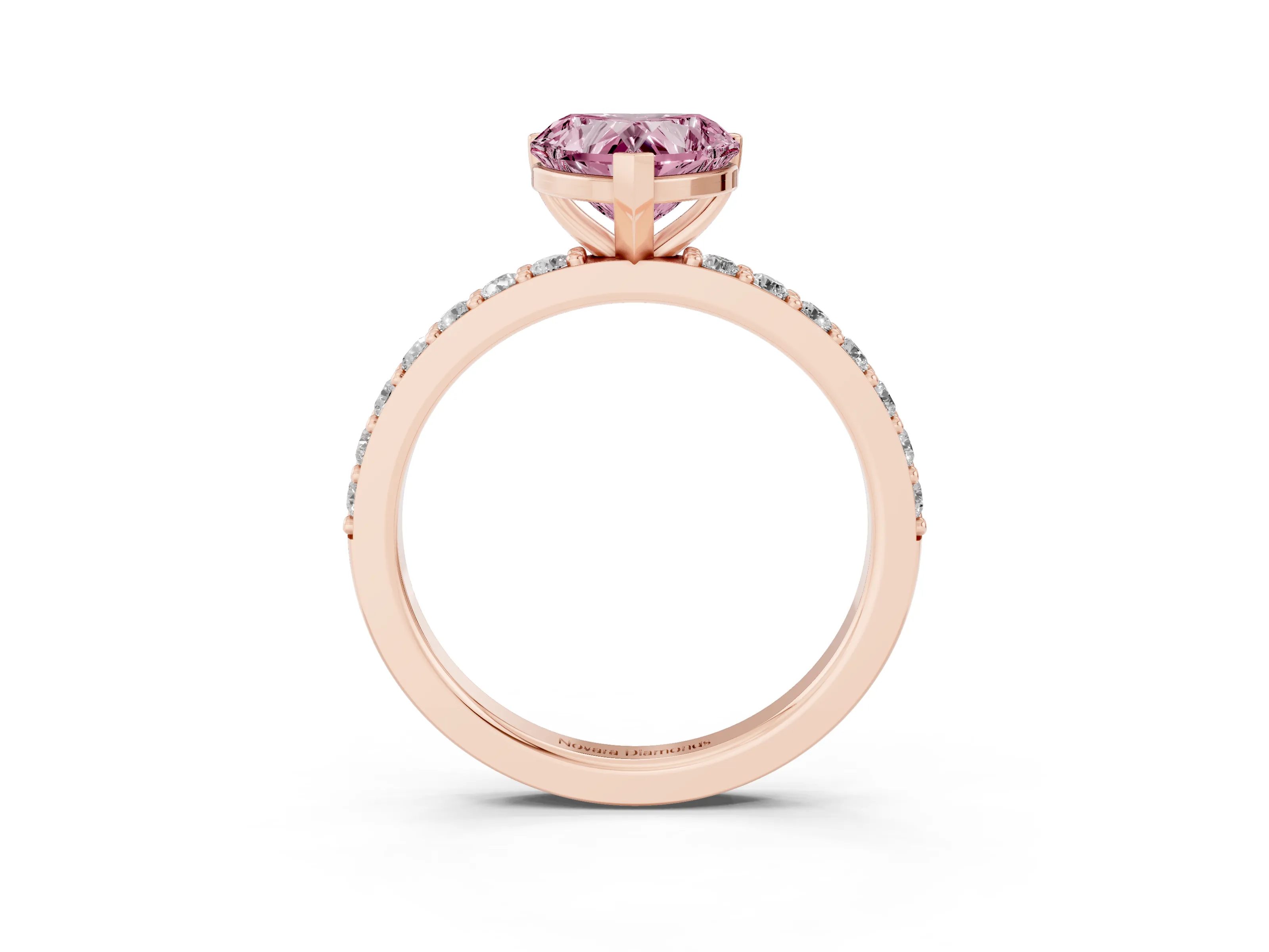Fancy Pink Heart Cut Diamond Solitaire Set in Rose gold with Round Pavé Band and Prong Setting