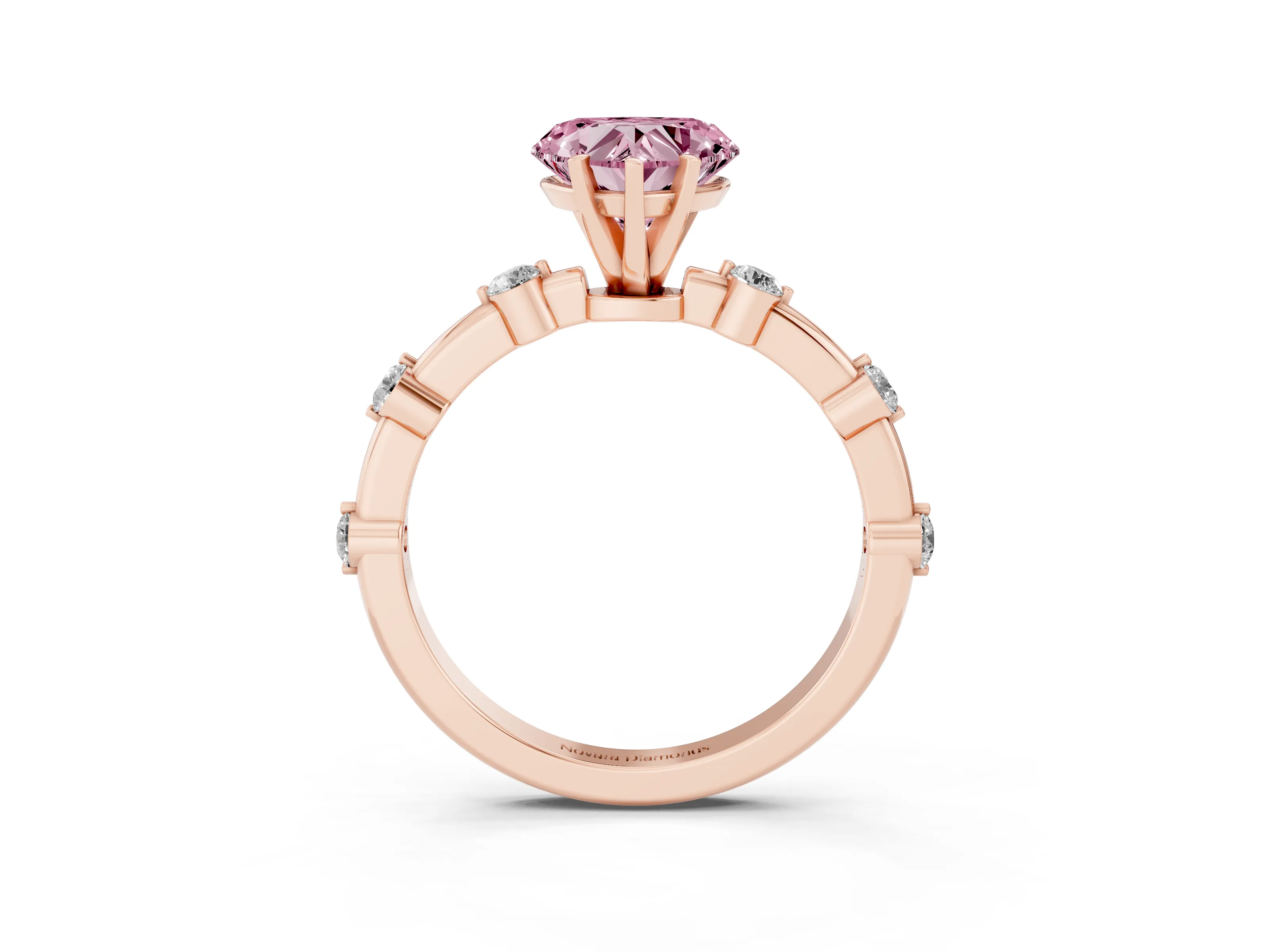 Fancy Pink Heart Cut Diamond Solitaire Ring Set in Rose gold with Bezel Set Side Stones and Prong Setting