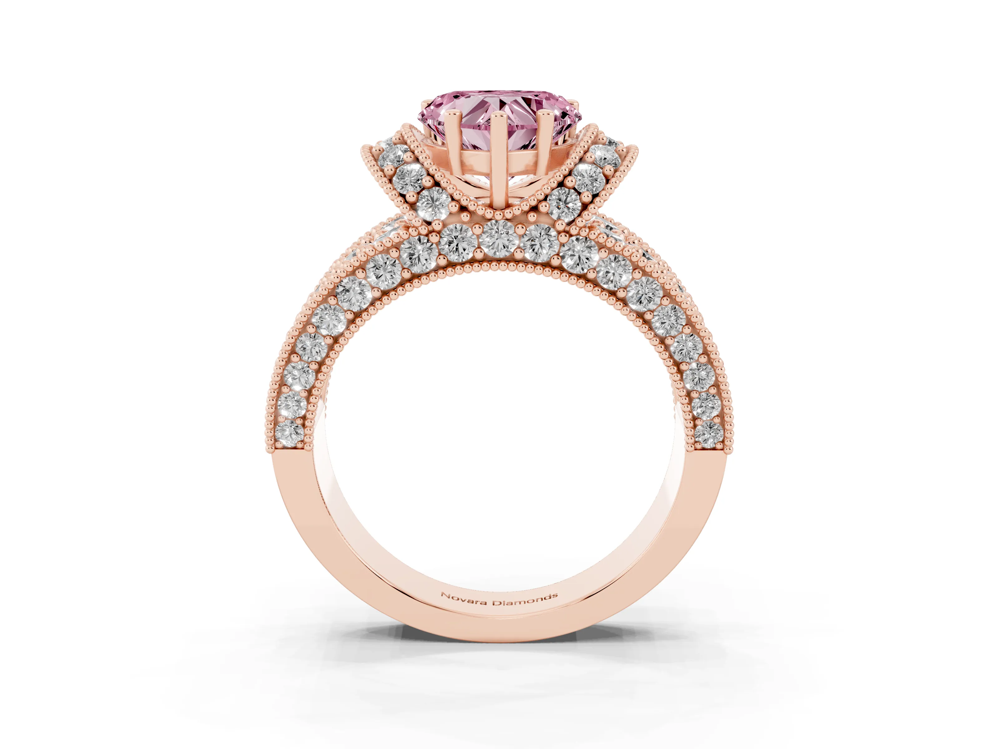 Fancy Pink Heart Cut Diamond Milgrain Halo Pavé Engagement Ring Set in Rose gold with Prong Setting