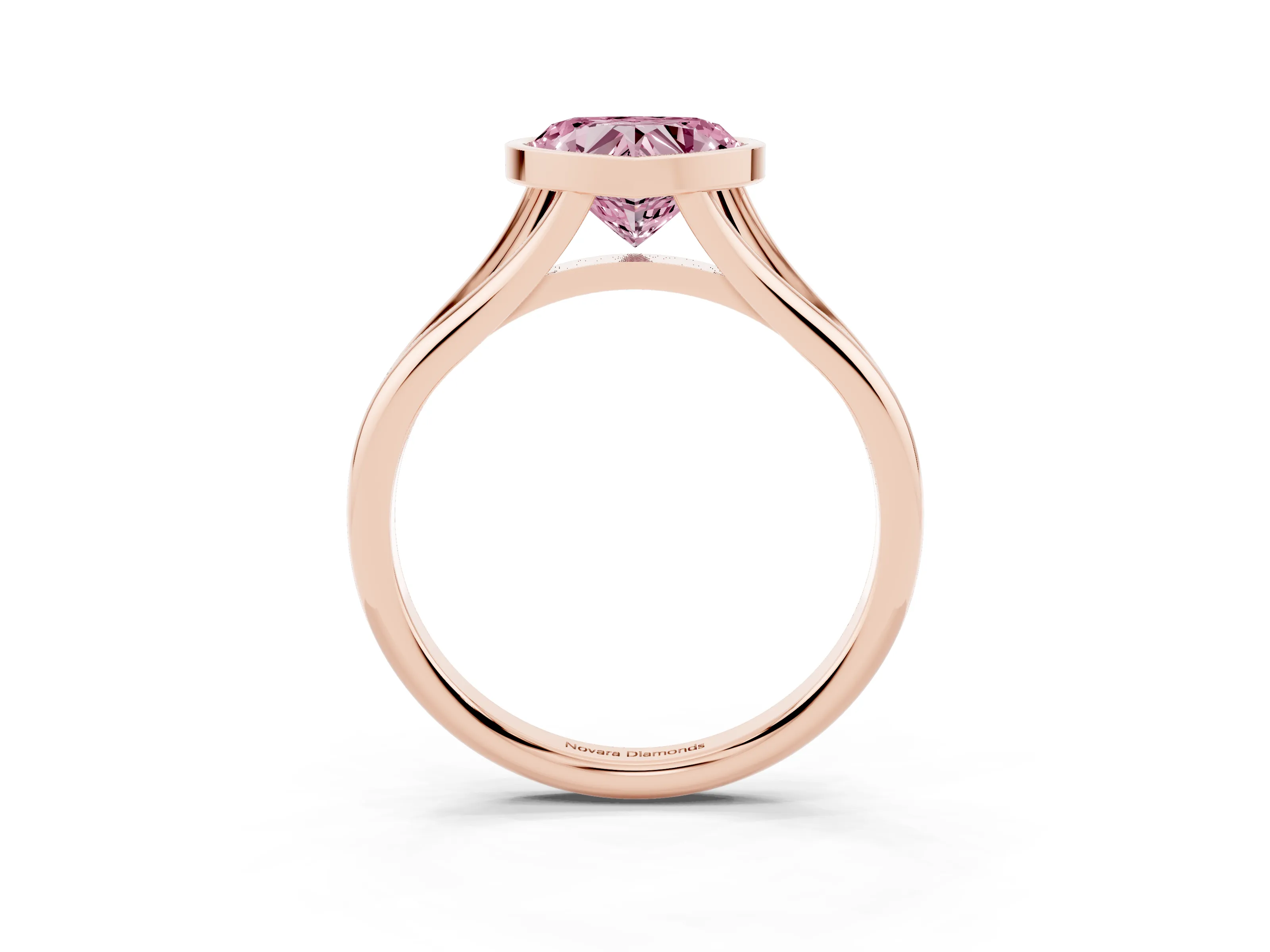 Fancy Pink Bezel Set Heart Cut Diamond Solitaire Ring Set in Rose gold with Tapered Band
