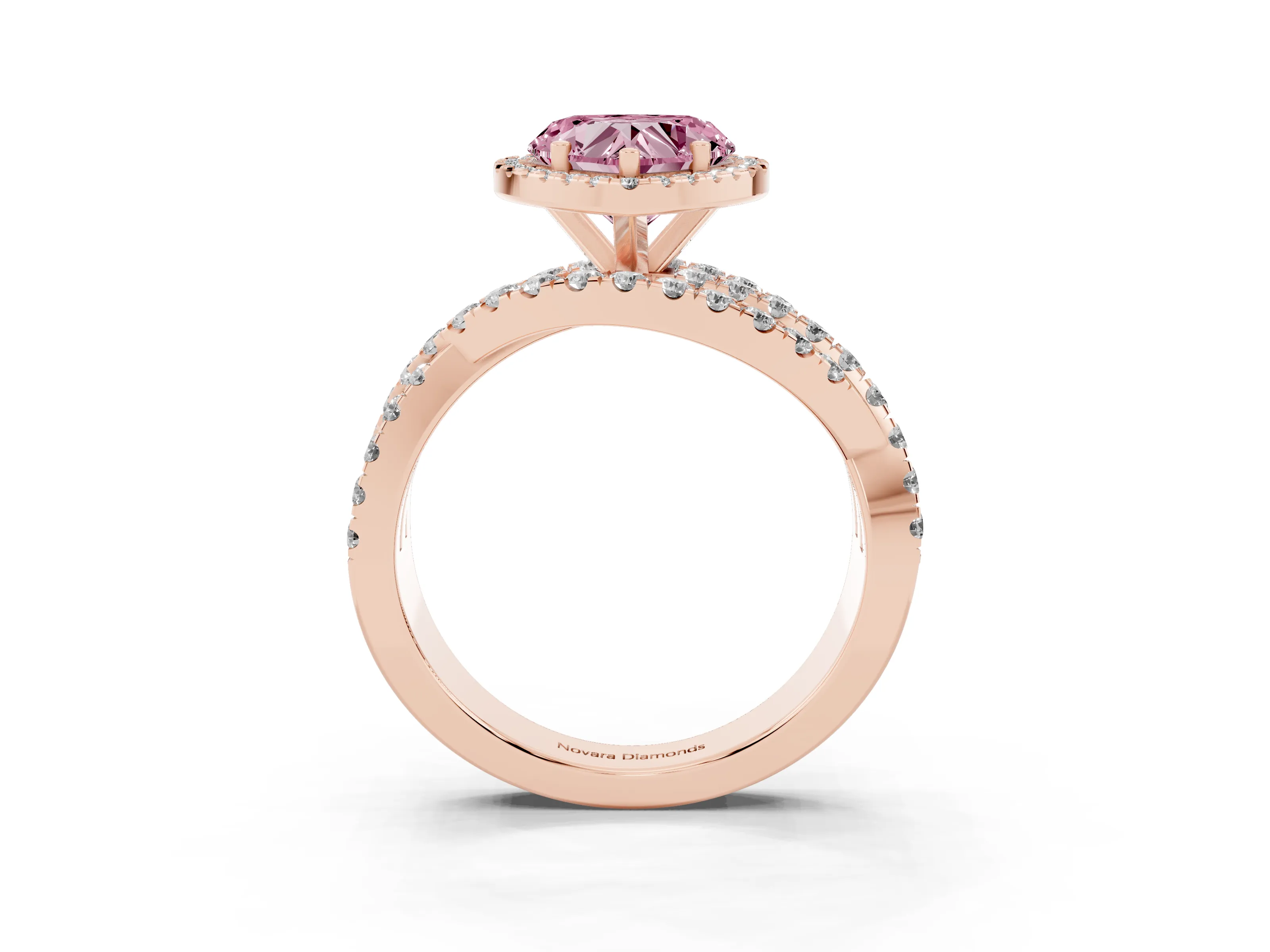 Fancy Pink Heart Cut Diamond Halo Ring Set in Rose gold with Round Crossover Split Shank and Prong Setting