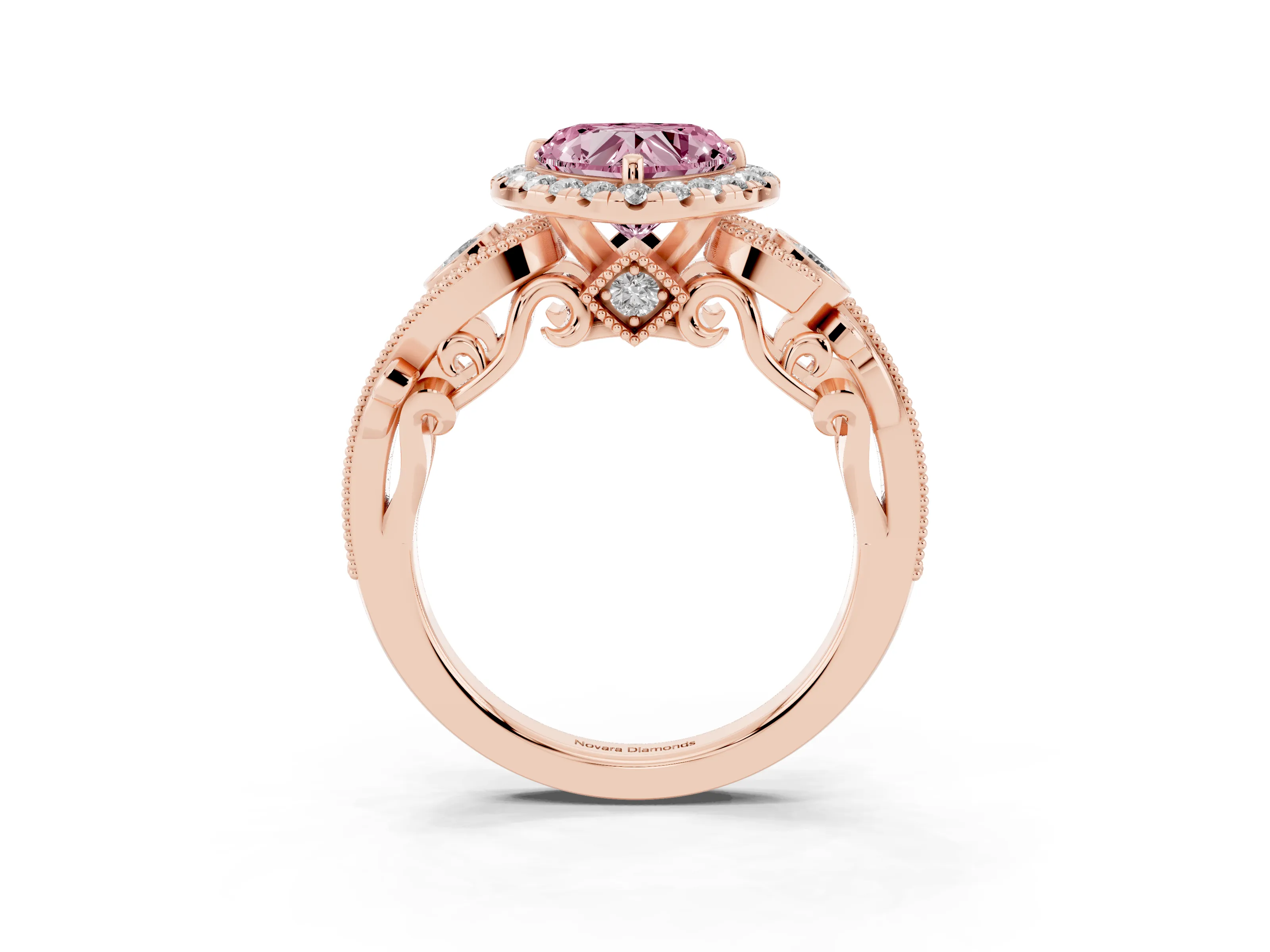 Fancy Pink Heart Cut Diamond Halo Ring Set in Rose gold with Milgrain Pavé Band and Prong Setting