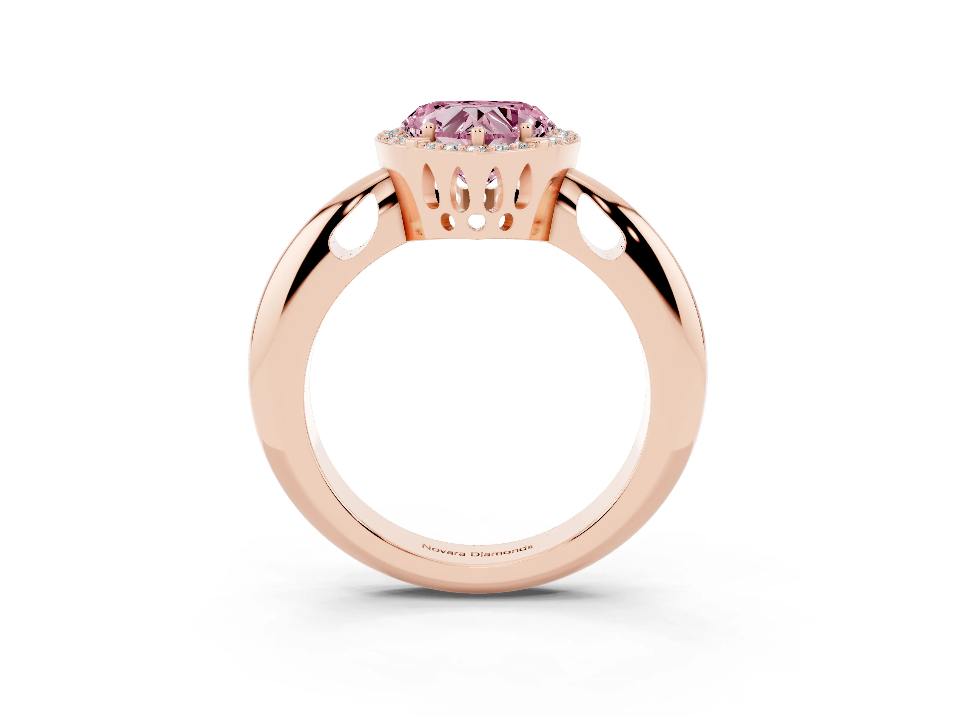 Fancy Pink Heart Cut Diamond Halo Engagement Ring Set in Rose gold with Plain Split Shank and Prong Setting