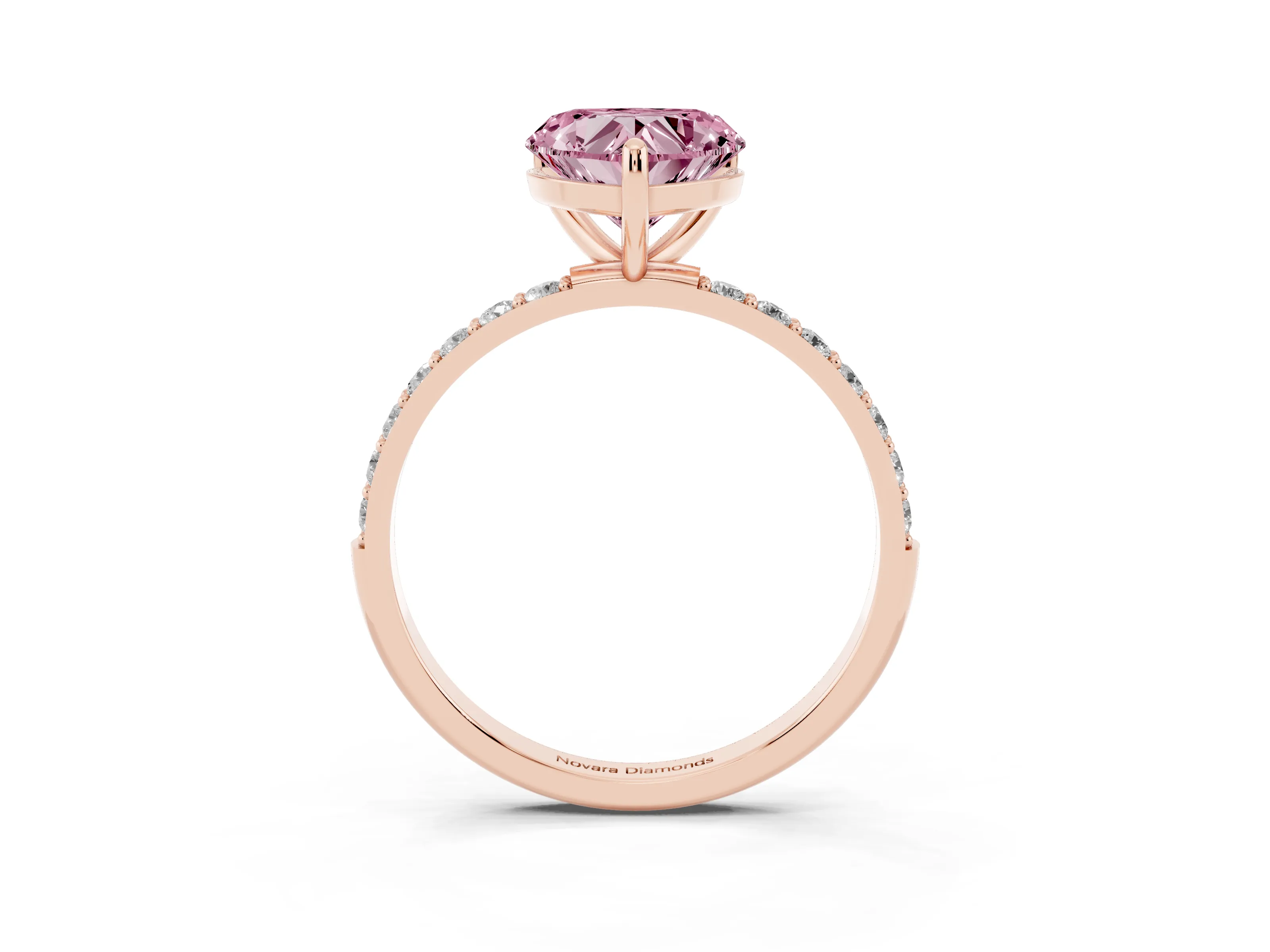 Fancy Pink Heart Cut Diamond Solitaire Ring Set in Rose gold with Round Pavé Band and Prong Setting