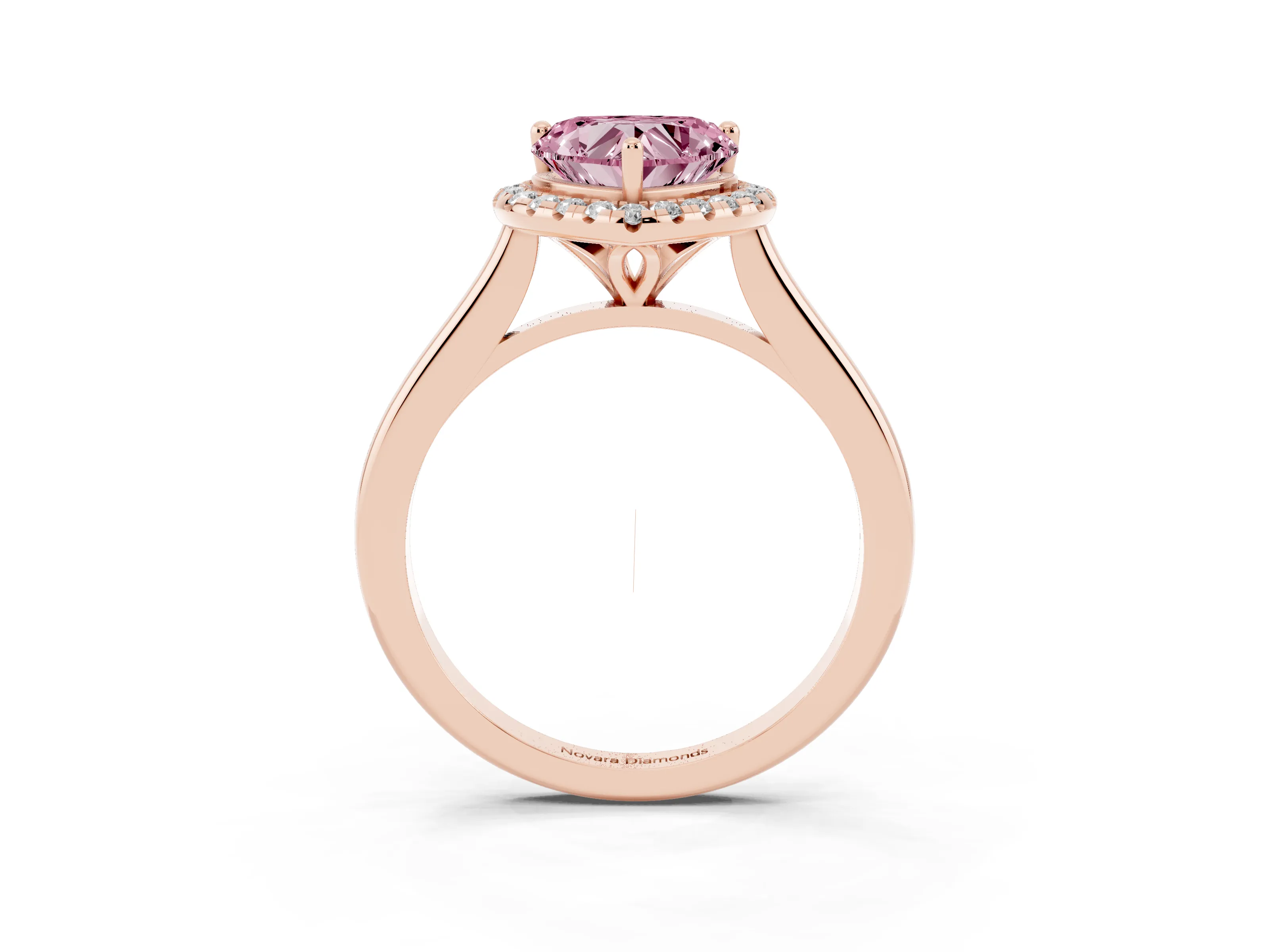 Fancy Pink Heart Cut Diamond Halo Engagement Ring Set in Rose gold with Pavé Band and Rising Shoulders