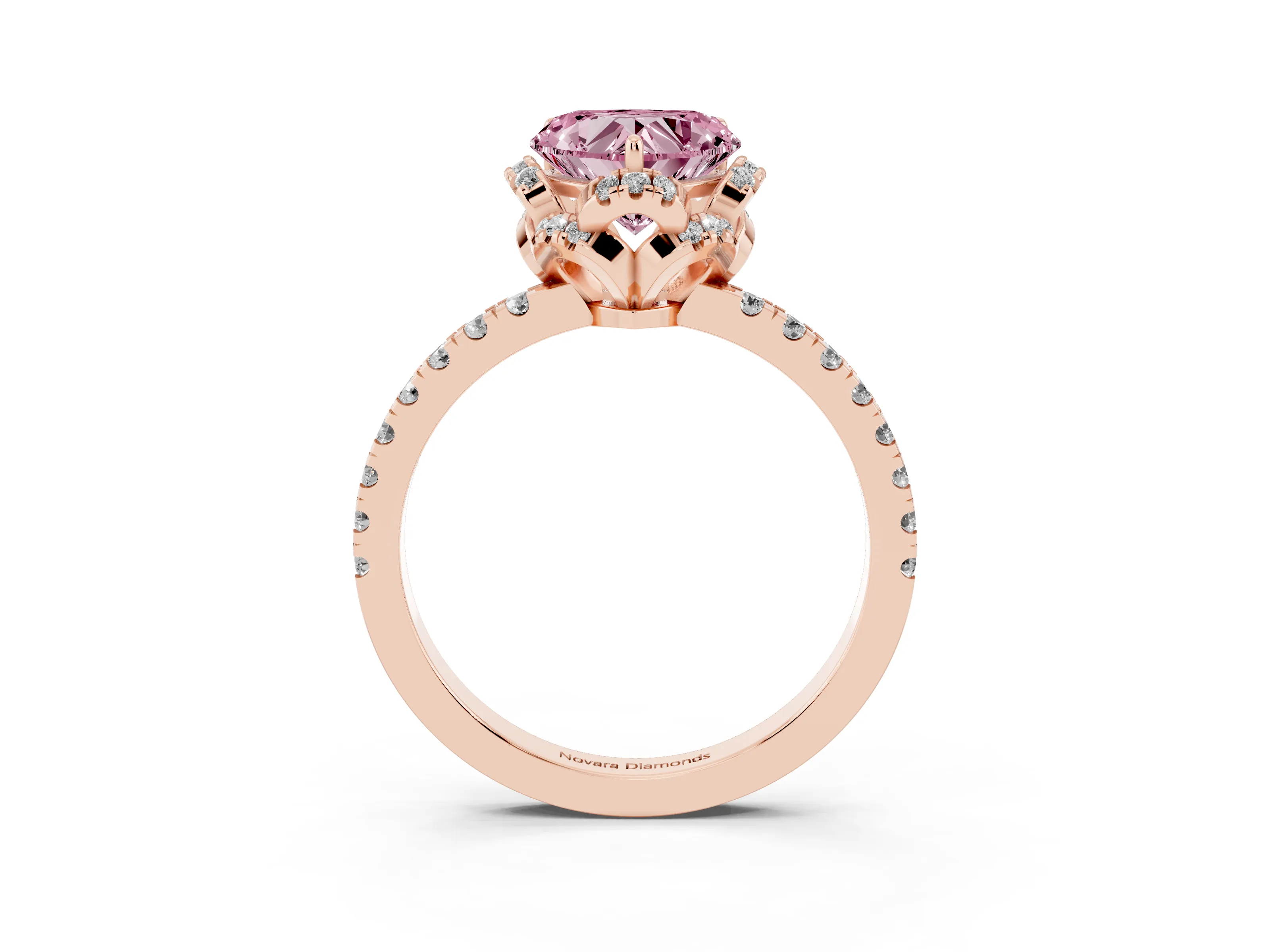 Fancy Pink Heart Cut Diamond Halo Pavé Band Ring Set in Rose gold with Prong-Held Center