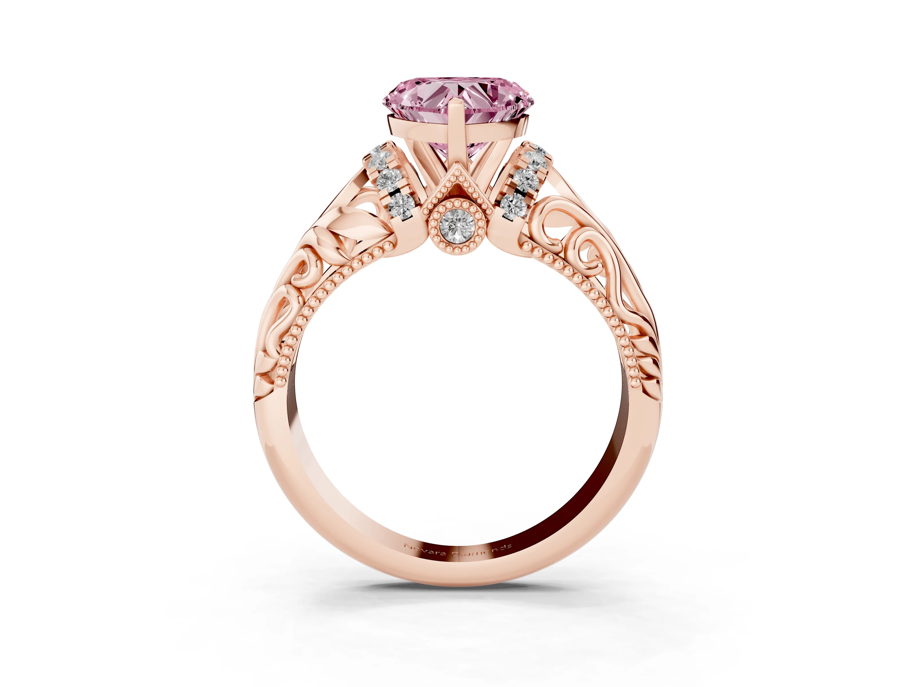 Fancy Pink Heart Cut Diamond Filigree Halo Engagement Ring Set in Rose gold with Prong Setting