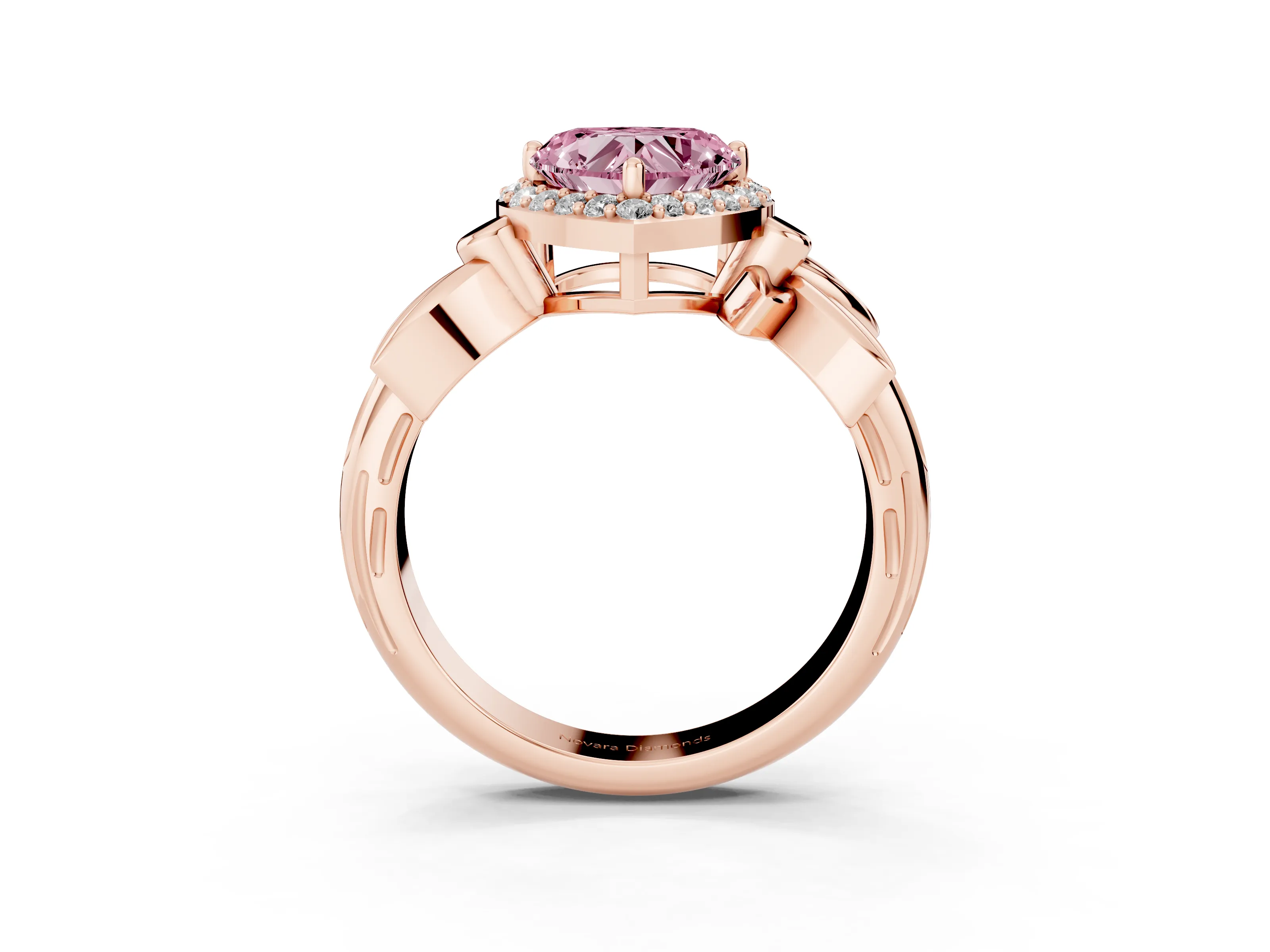 Fancy Pink Heart Cut Diamond Halo Floral Band Ring Set in Rose gold with Prong Setting