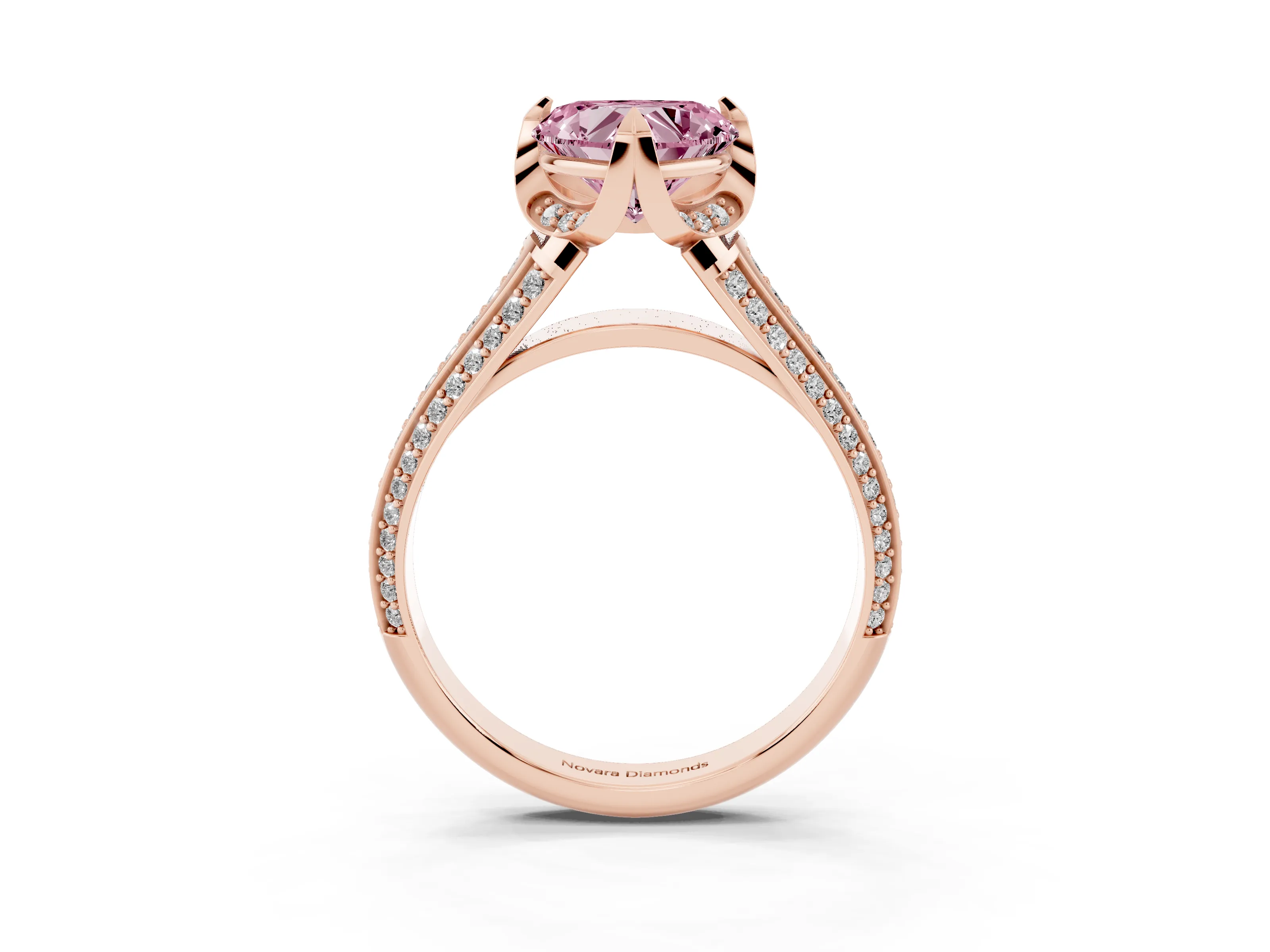 Fancy Pink Heart Cut Diamond Pavé Split Shank Solitaire Ring Set in Rose gold with Prong Setting