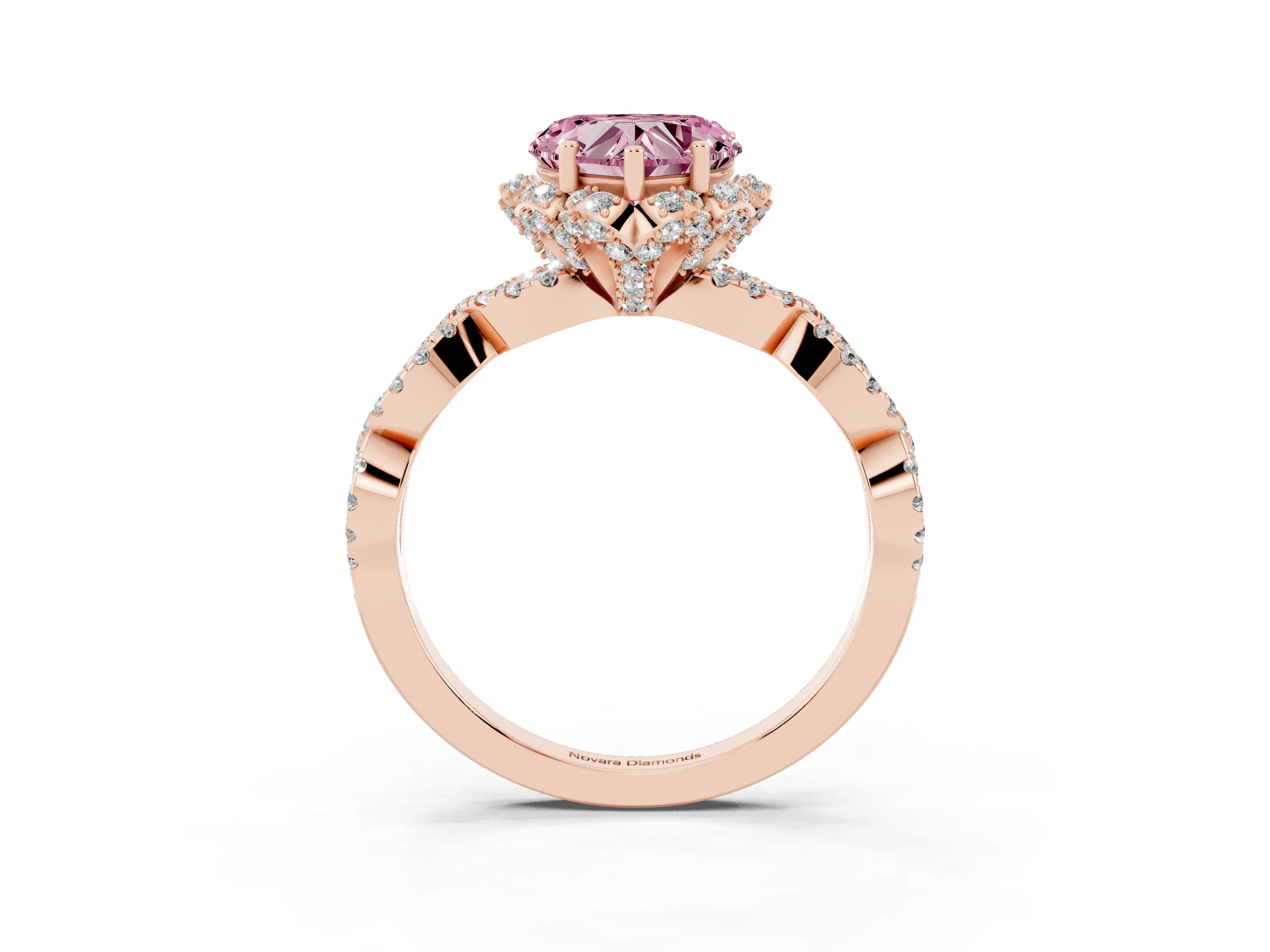 Fancy Pink Heart Cut Diamond Halo Twist Band Solitaire Ring Set in Rose gold with Prong-Set Center Stone