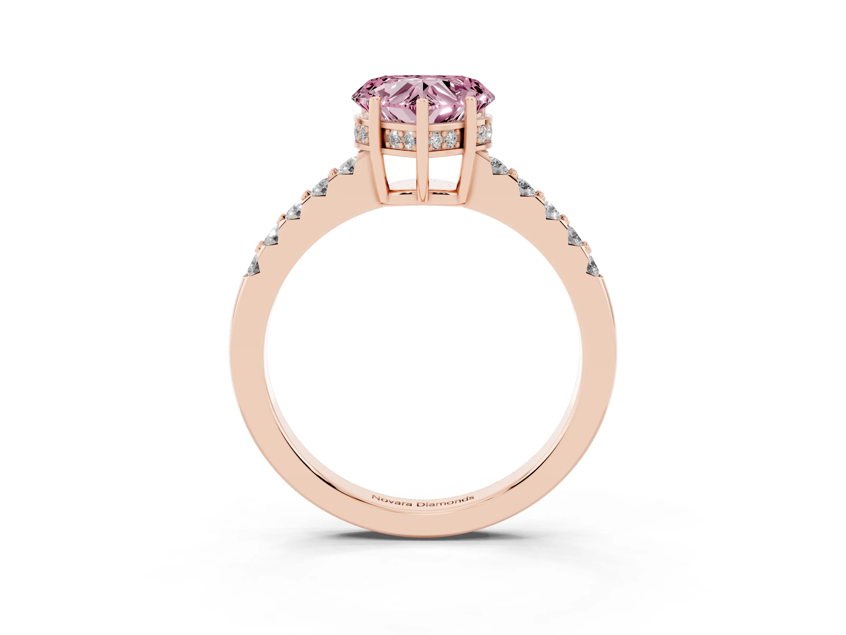 Fancy Pink Heart Cut Diamond Solitaire Engagement Ring Set in Rose gold with Pavé Band and Prong Setting